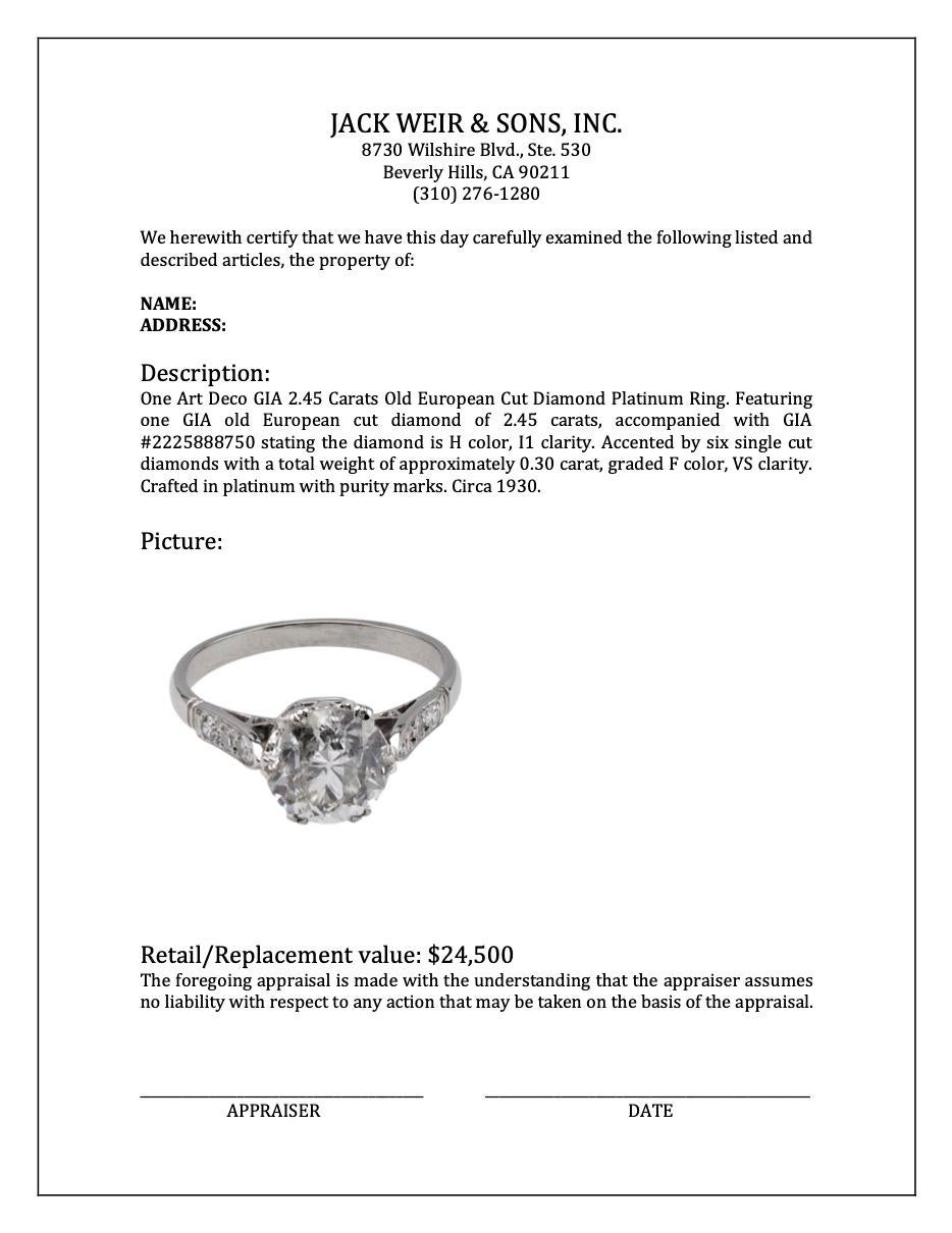 Bague Art déco en platine avec diamant taille vieille Europe de 2.45 carat certifié GIA en vente 3