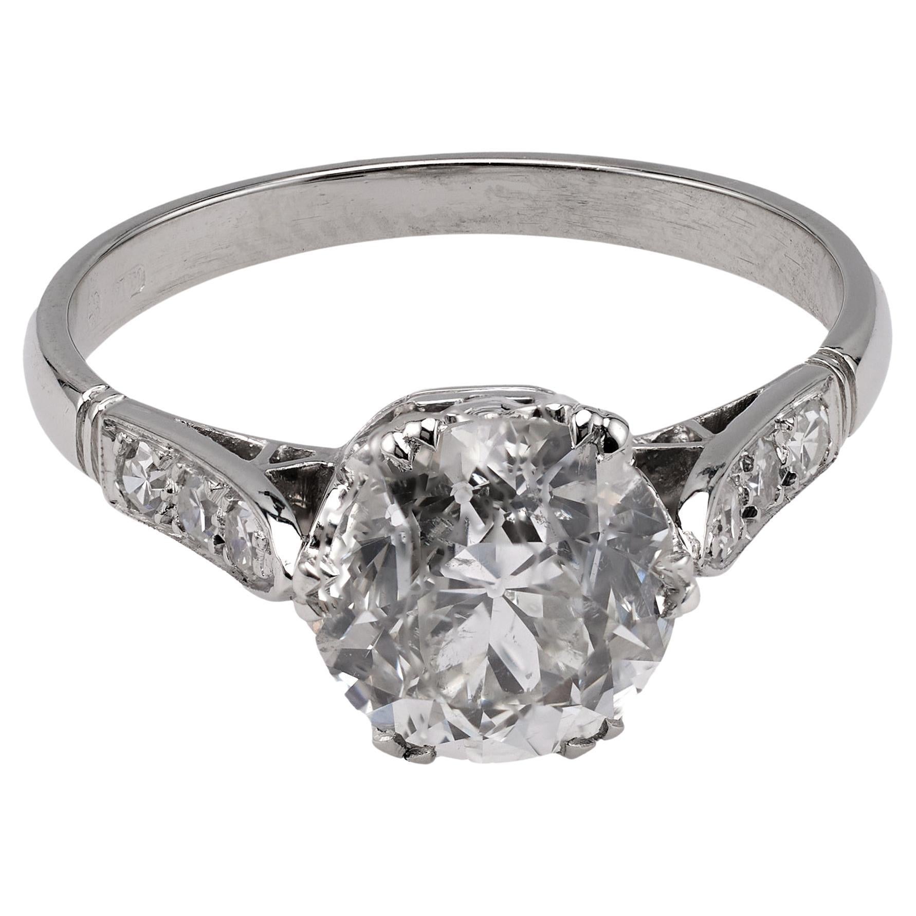 Art Deco GIA 2.45 Carats Old European Cut Diamond Platinum Ring For Sale