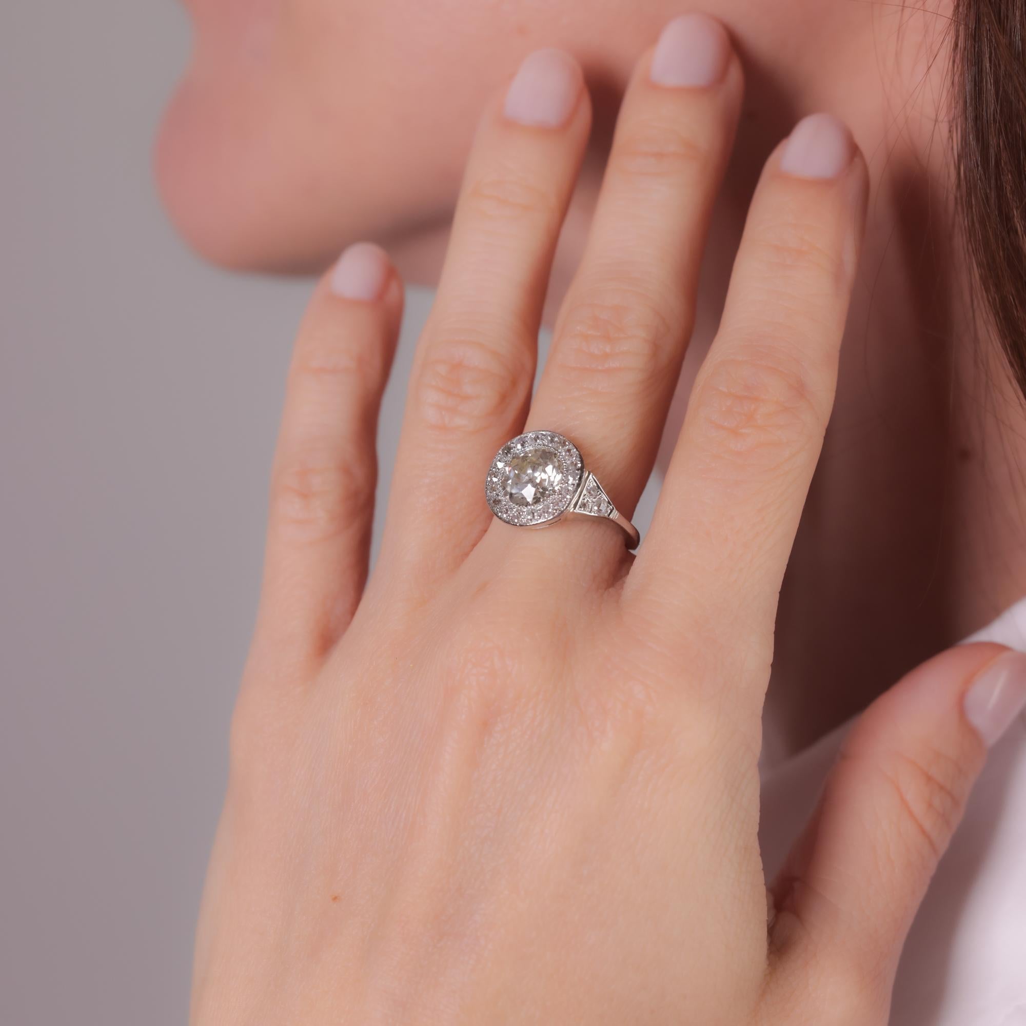 Art Deco GIA 2.48 carat old European cut diamond platinum halo ring In Excellent Condition In Beverly Hills, CA