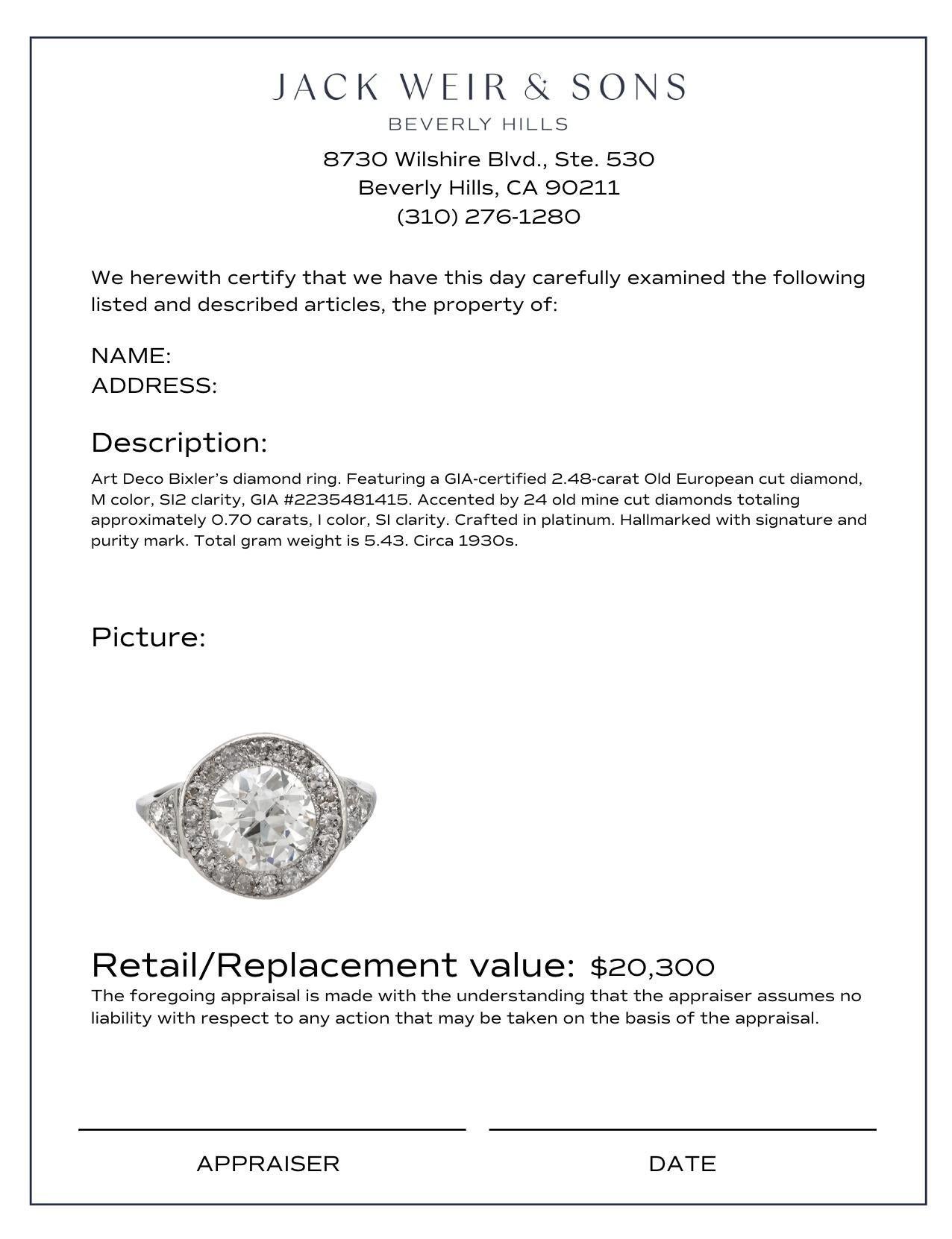 Art Deco GIA 2.48 carat old European cut diamond platinum halo ring 1