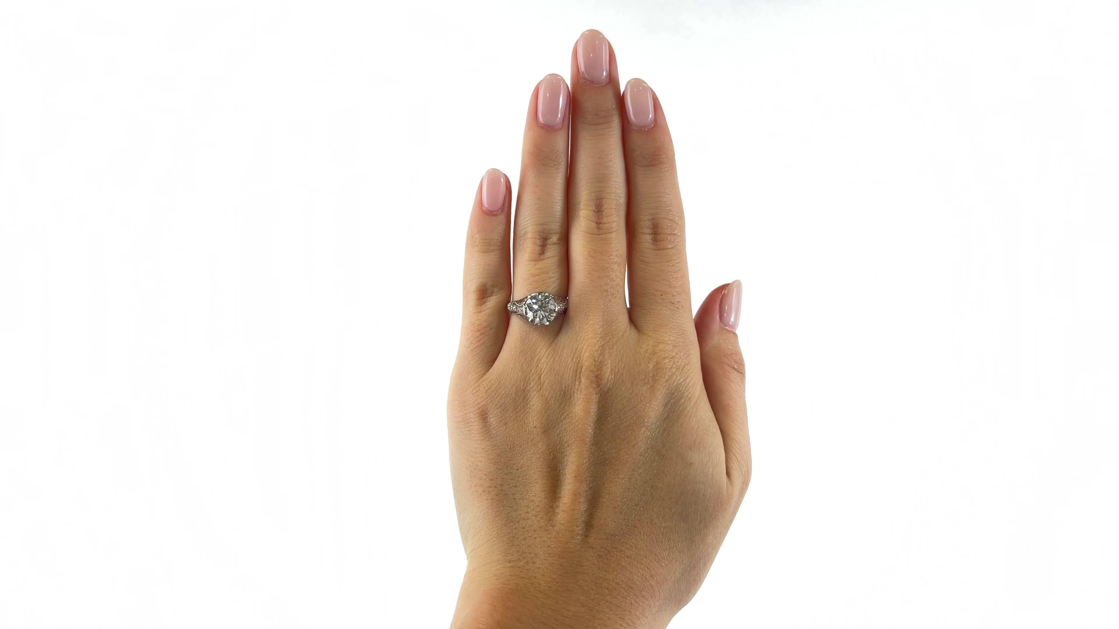 One Art Deco GIA 2.49 Carat Old European Cut Diamond Platinum Engagement Ring. Featuring one GIA certified old European cut diamond of 2.49 carats, accompanied with certificate #6227232098 stating the diamond is is E color, VS1 clarity. Accented by