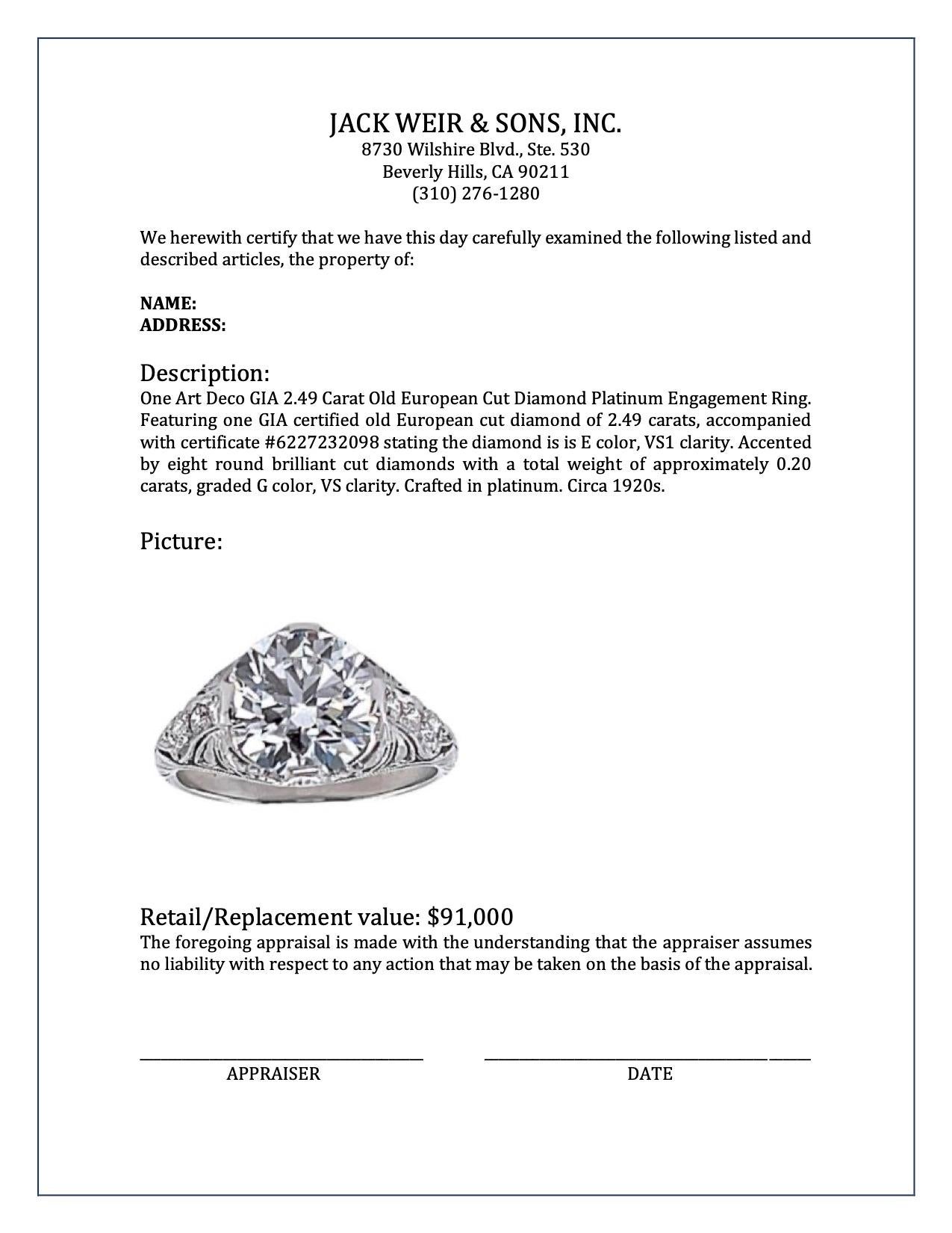 Art Deco GIA 2.49 Carat Old European Cut Diamond Platinum Engagement Ring 4