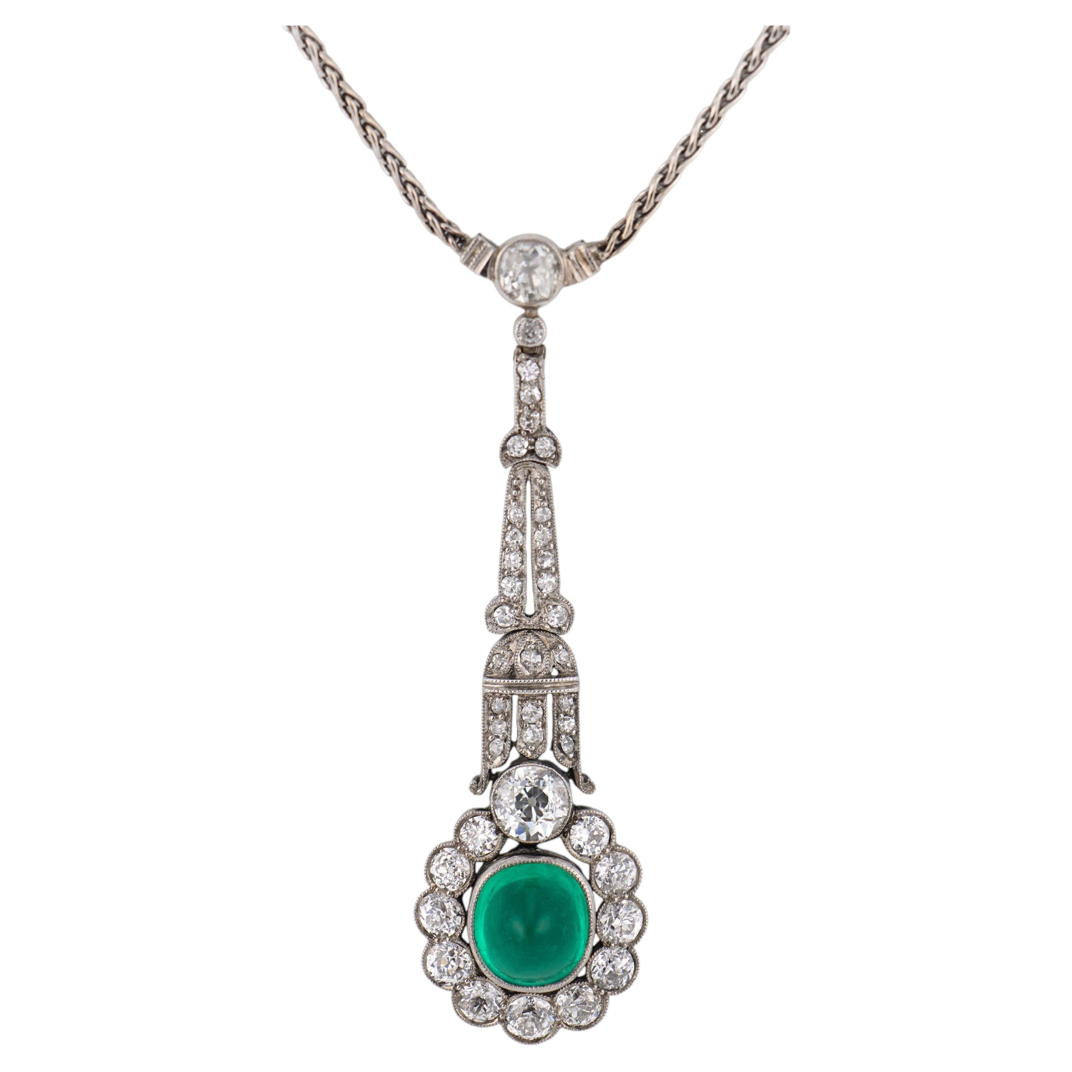 Art deco GIA 2.50 carat Colombian emerald diamond platinum necklace