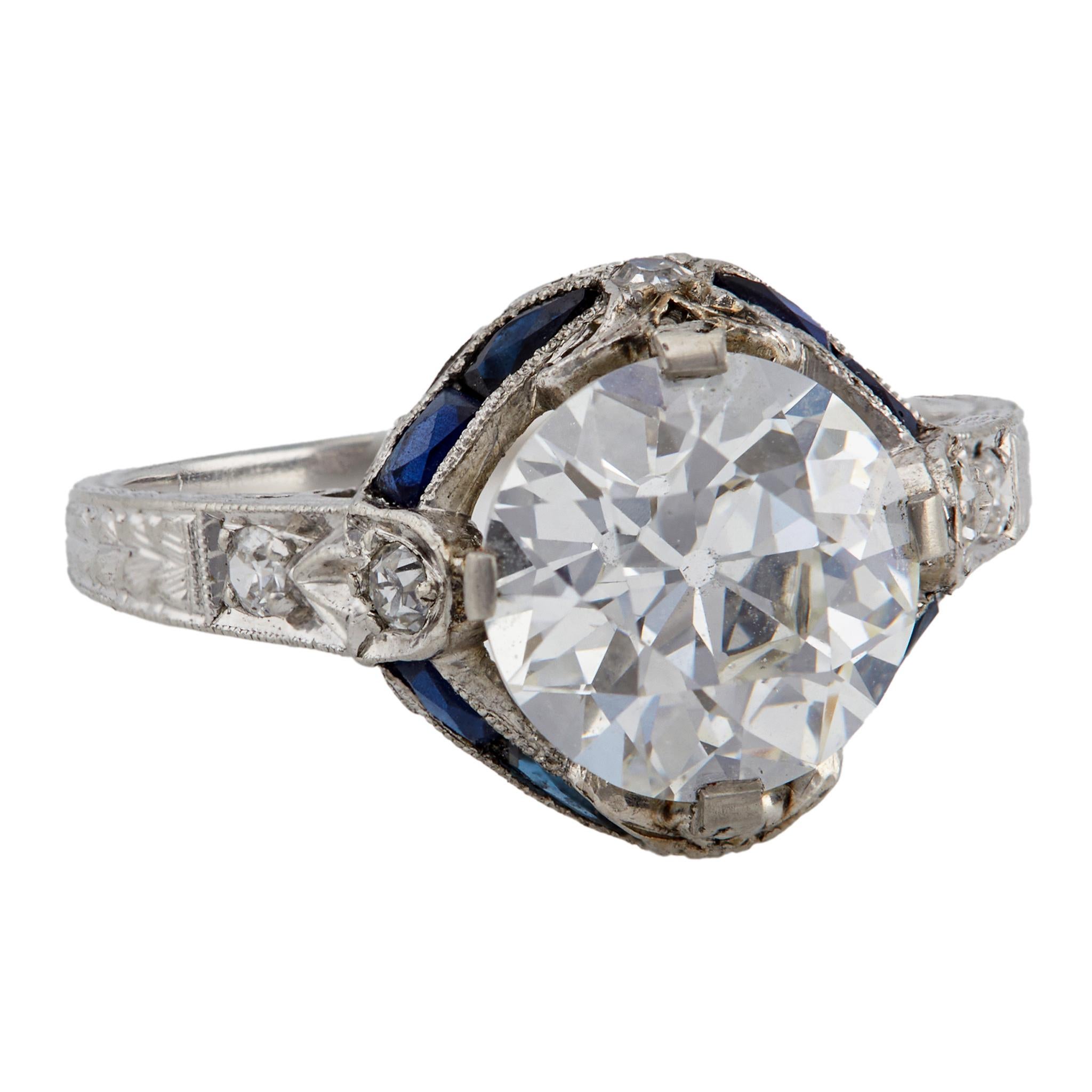 Platinring, Art déco, GIA 2,51 Karat Diamant im alteuropäischen Schliff und Saphir für Damen oder Herren