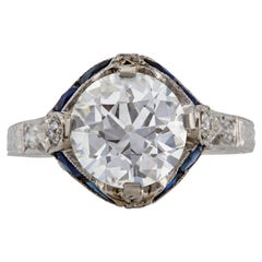 Platinring, Art déco, GIA 2,51 Karat Diamant im alteuropäischen Schliff und Saphir