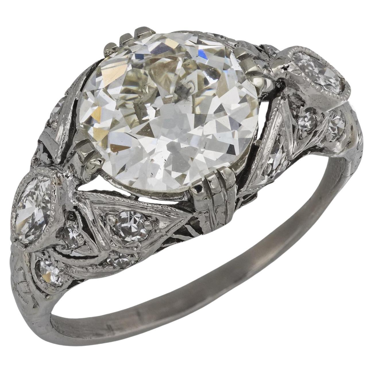 Bague de fiançailles Art déco en platine avec diamant taille européenne ancienne de 2.52 carats certifié GIA en vente