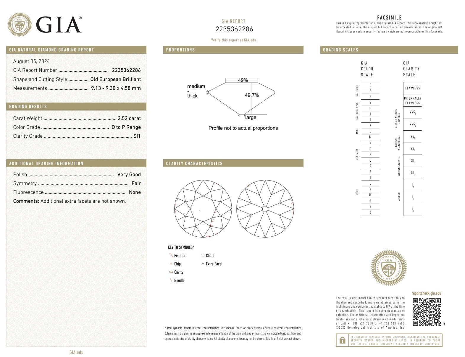 Platinring mit GIA 2.52 Karat Diamant im alteuropäischen Schliff im Art déco-Stil für Damen oder Herren