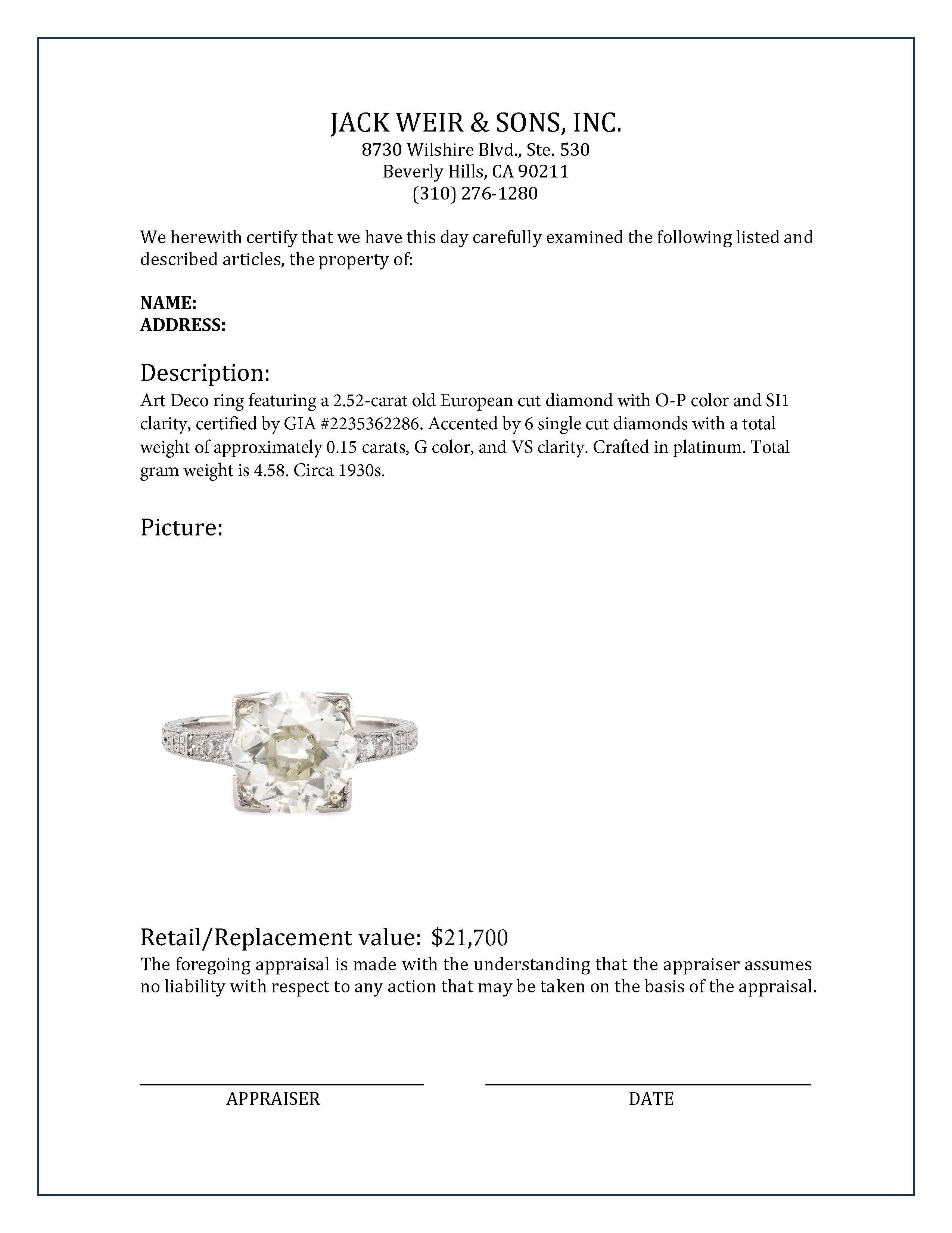 Platinring mit GIA 2.52 Karat Diamant im alteuropäischen Schliff im Art déco-Stil 1