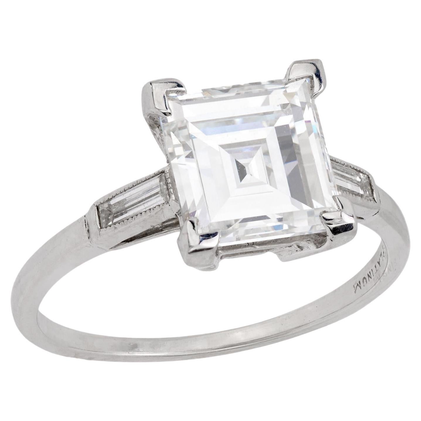 Art Deco GIA 2.56 carat carré cut diamond platinum engagement ring