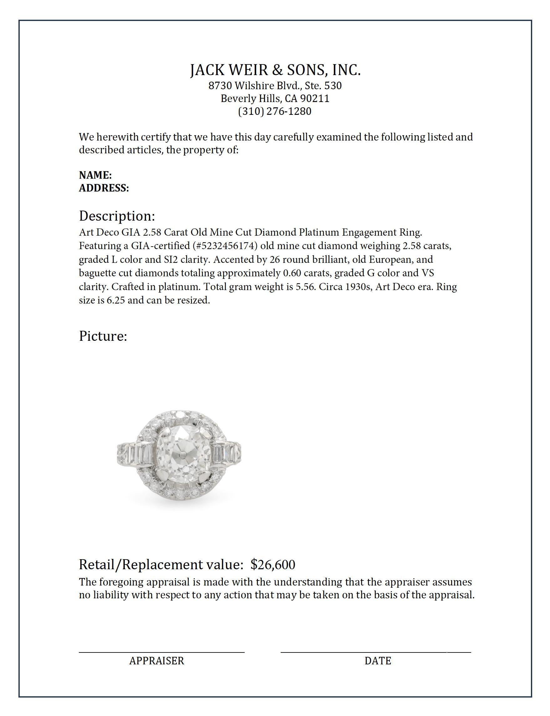 Platin-Verlobungsring, Art déco, GIA 2.58 Karat Diamant im alten Minenschliff, Art déco für Damen oder Herren