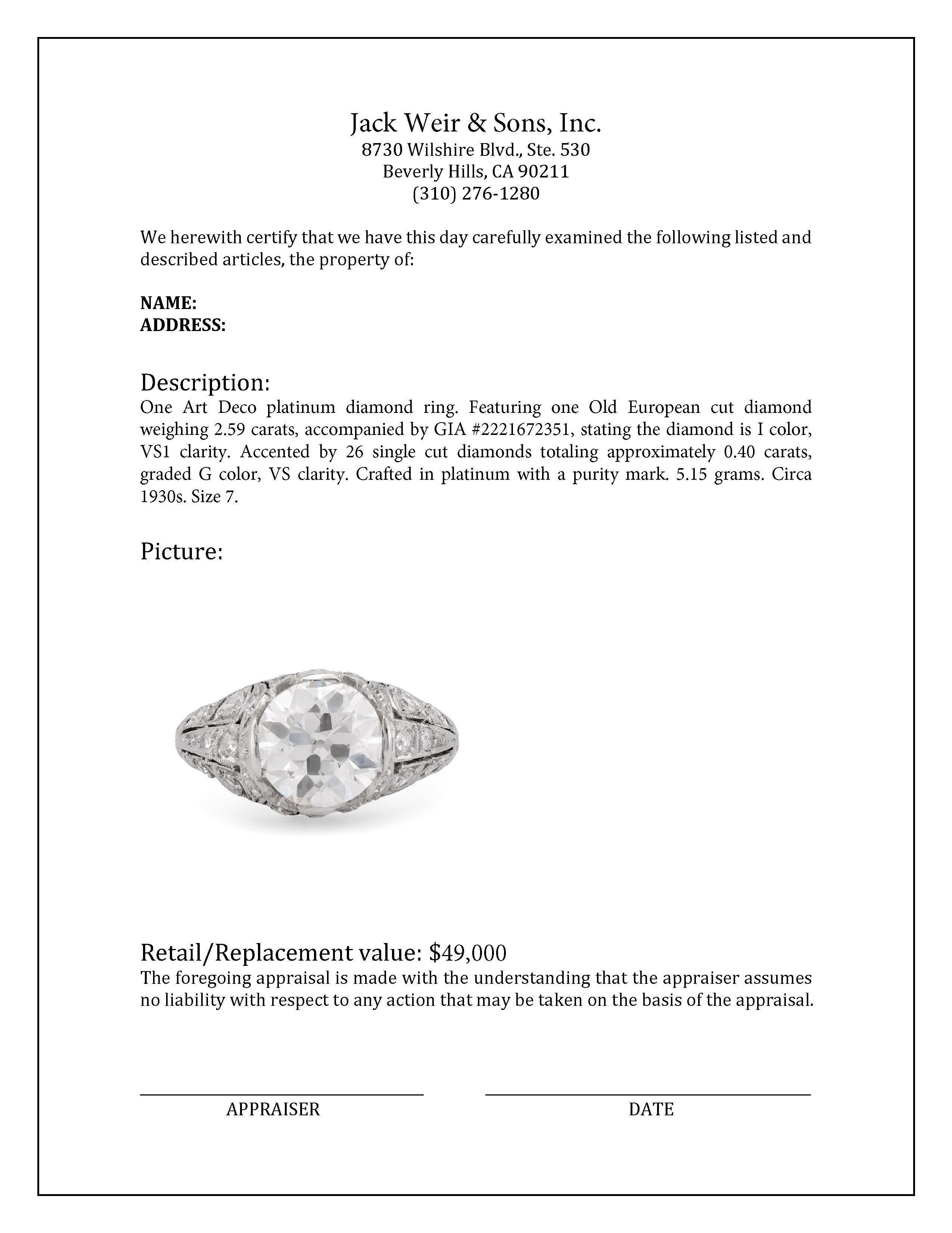 Art Deco GIA 2.59 Diamant Platin Verlobungsring mit altem europäischen Schliff im Zustand „Hervorragend“ in Beverly Hills, CA