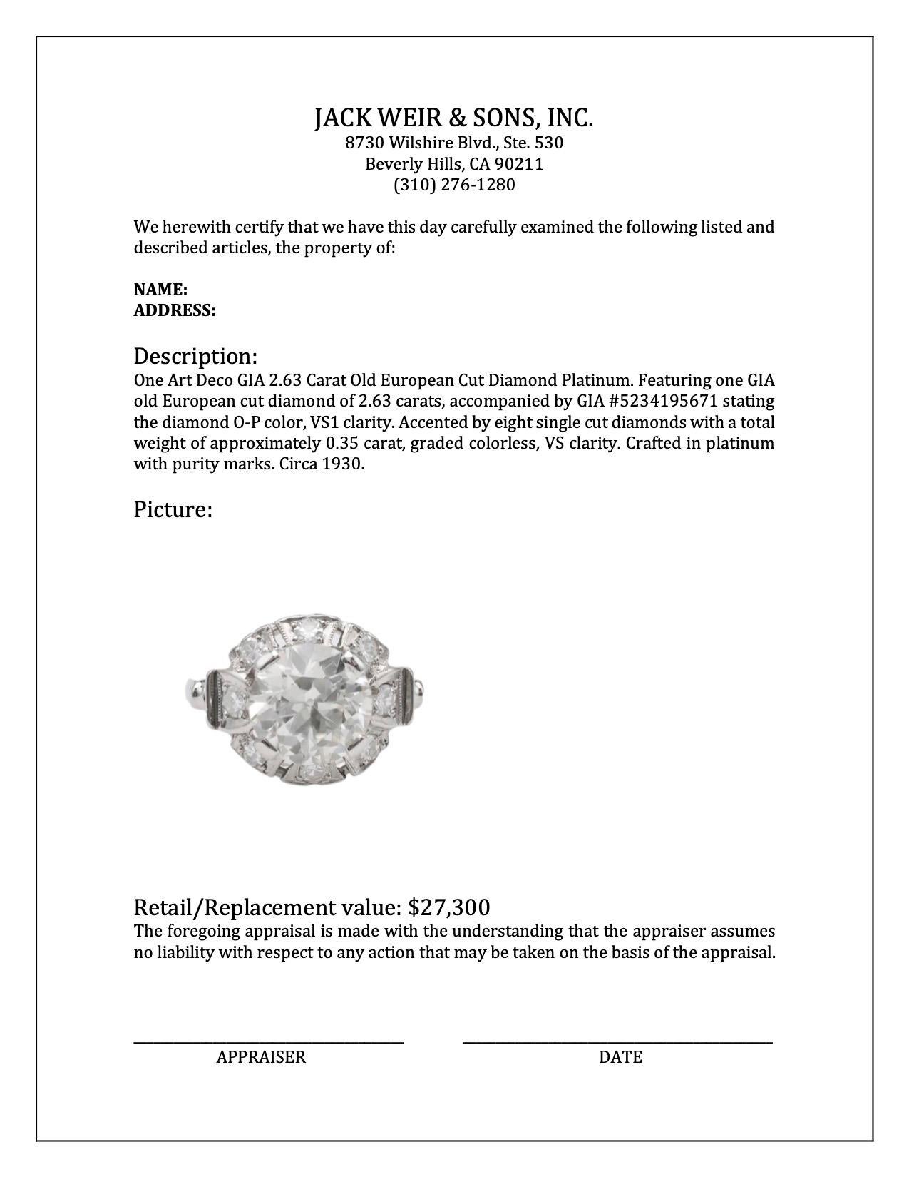 Art Deco GIA 2.63 Carat Old European Cut Diamond Platinum For Sale 3