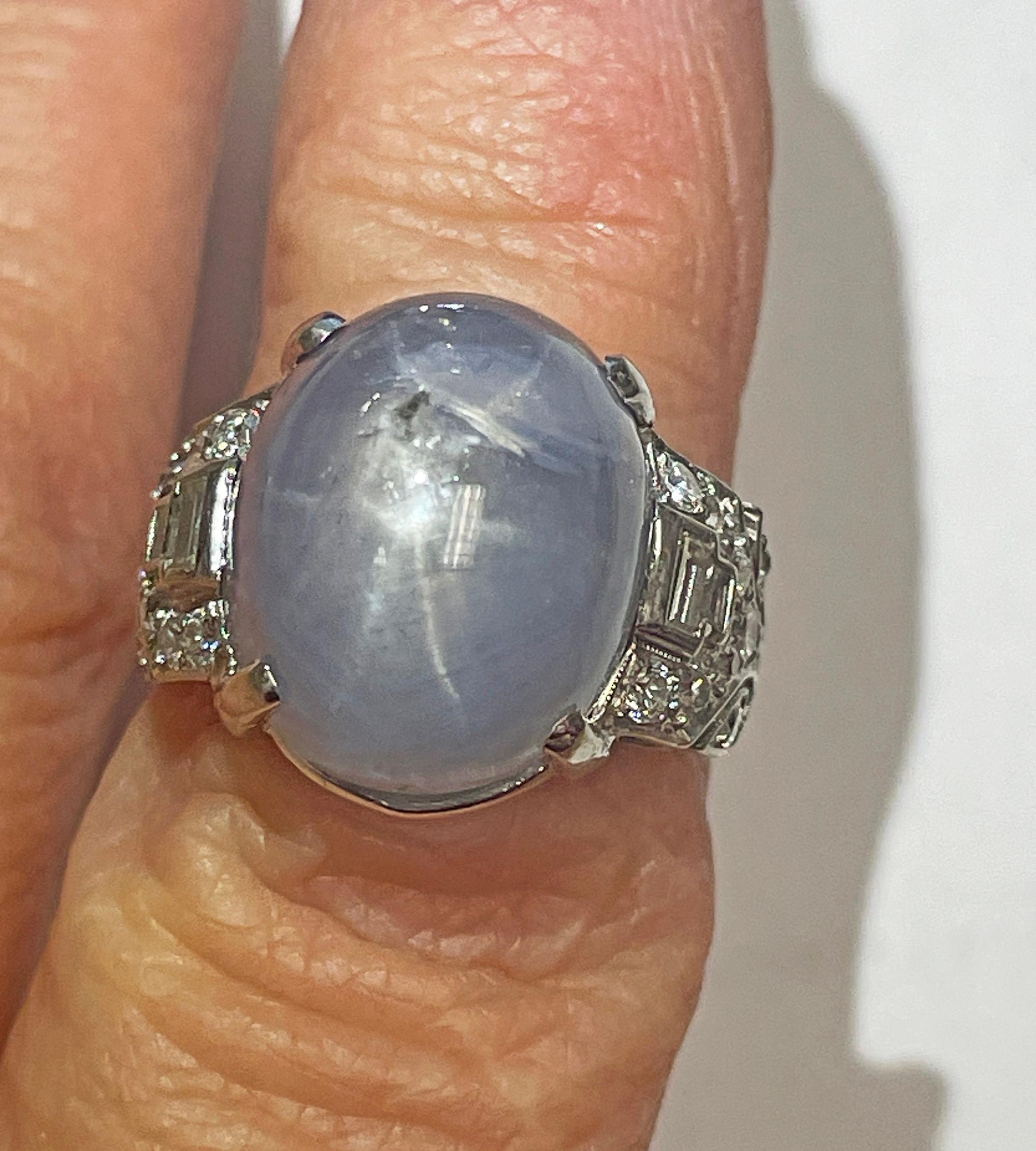 Art Deco GIA 26.5ct Natural No-Heat Star Blue Sapphire Platinum Diamond Ring For Sale 5
