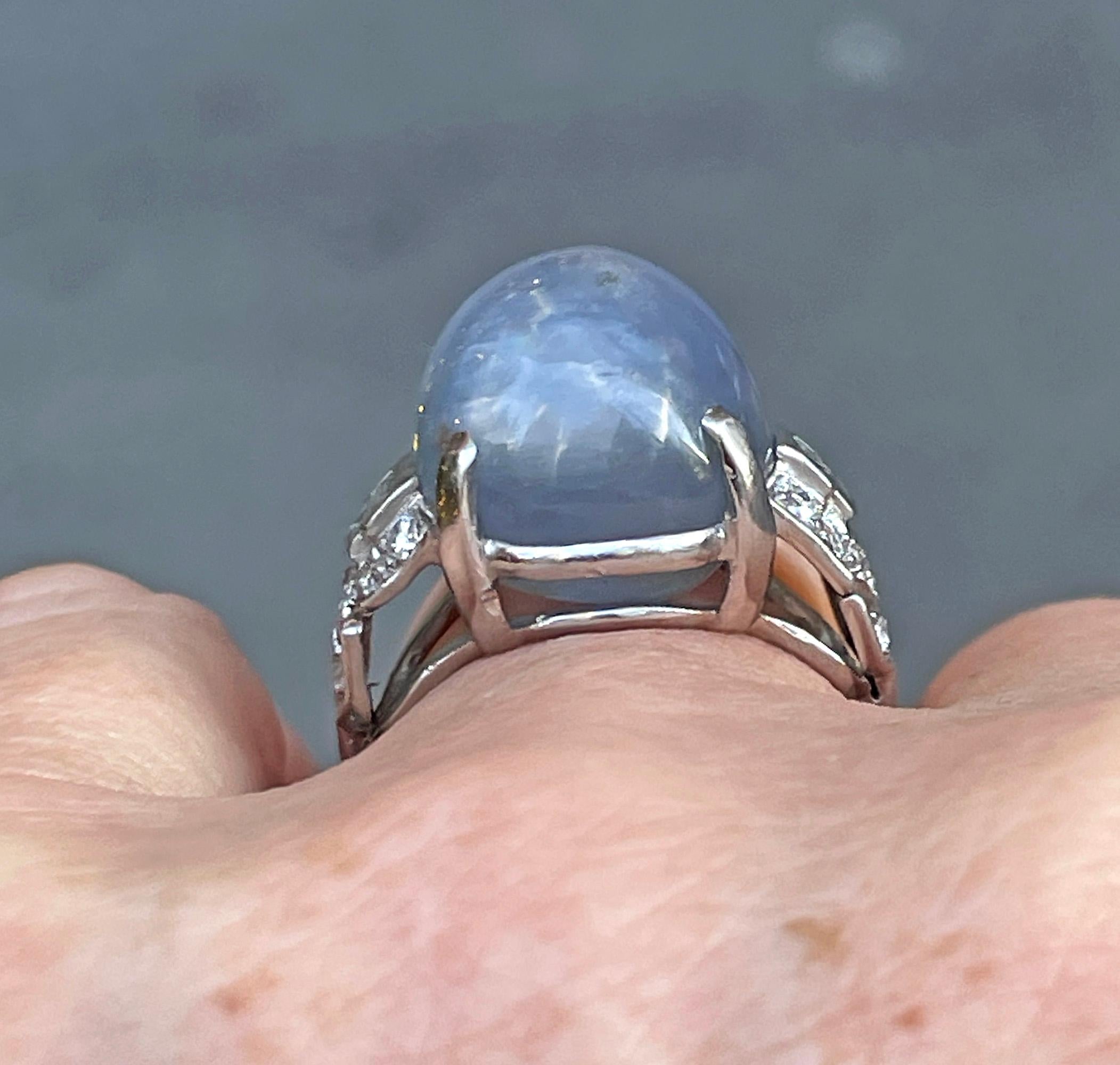 Art Deco GIA 26.5ct Natural No-Heat Star Blue Sapphire Platinum Diamond Ring For Sale 7