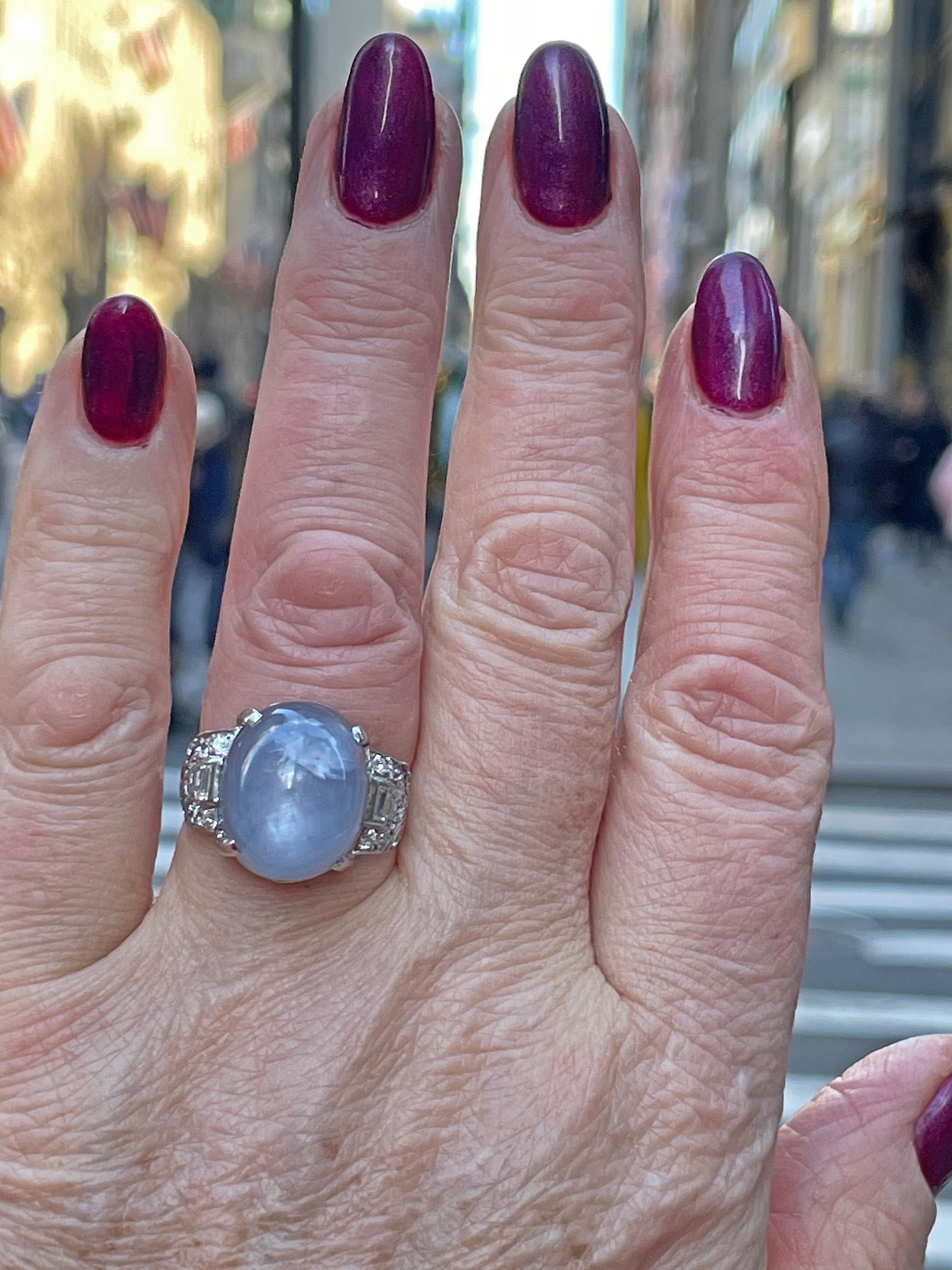 Art Deco GIA 26.5ct Natural No-Heat Star Blue Sapphire Platinum Diamond Ring For Sale 8