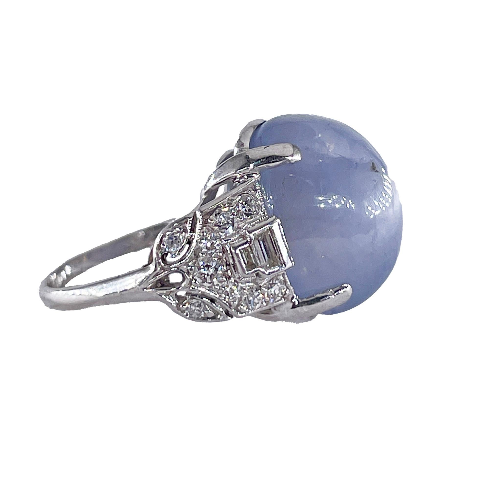 Art Deco GIA 26.5ct Natural No-Heat Star Blue Sapphire Platinum Diamond Ring For Sale 9