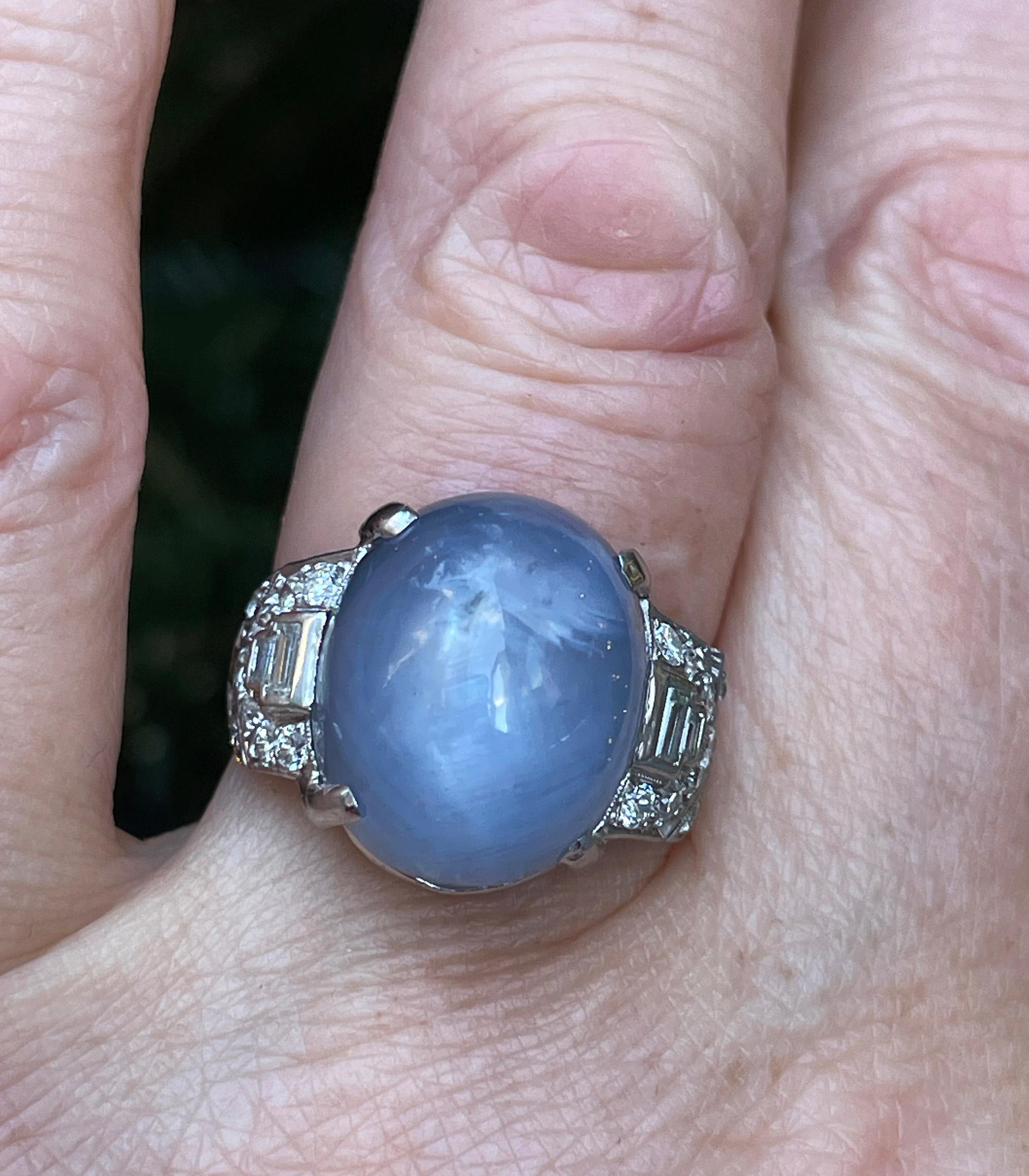 Art Deco GIA 26.5ct Natural No-Heat Star Blue Sapphire Platinum Diamond Ring For Sale 11