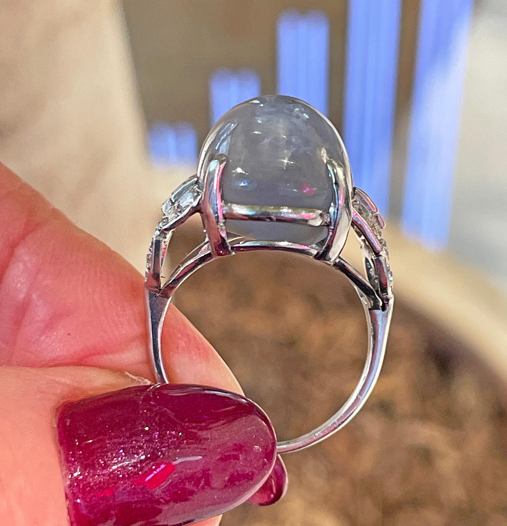 Art Deco GIA 26.5ct Natural No-Heat Star Blue Sapphire Platinum Diamond Ring For Sale 13