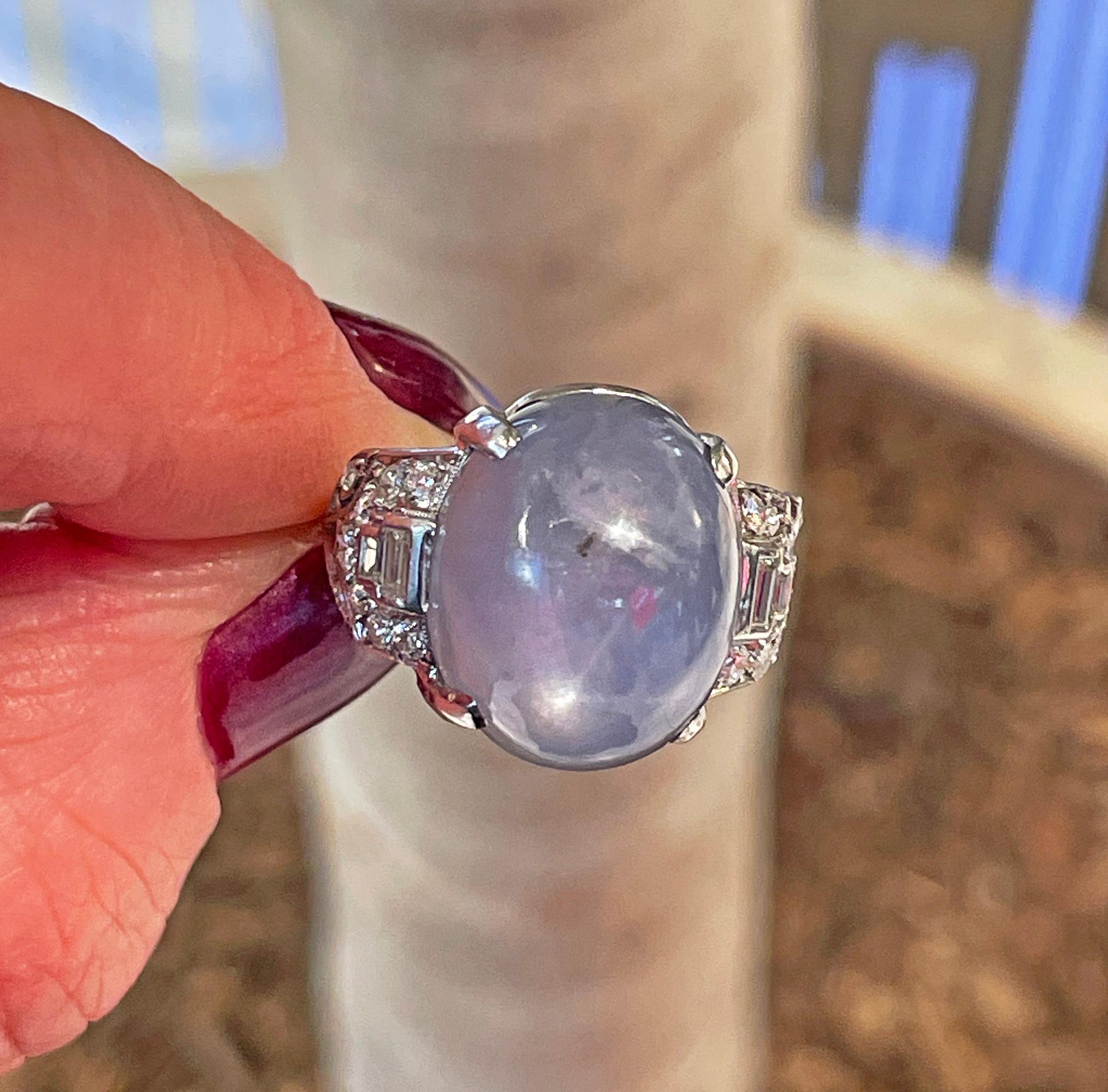 Art Deco GIA 26.5ct Natural No-Heat Star Blue Sapphire Platinum Diamond Ring For Sale 14