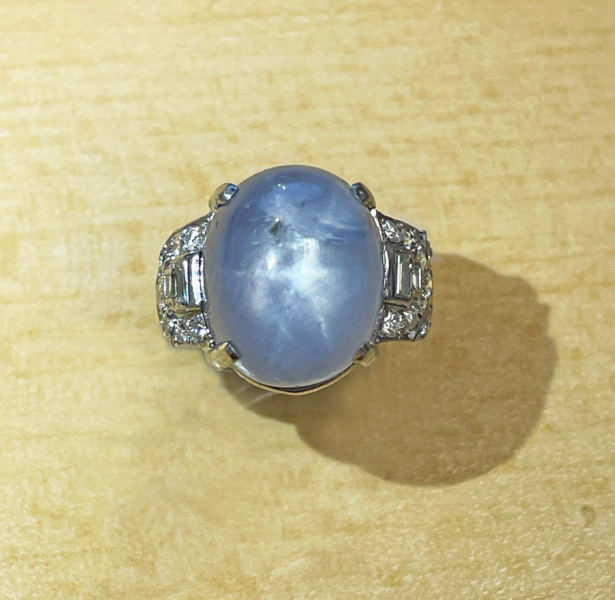 Cabochon Art Deco GIA 26.5ct Natural No-Heat Star Blue Sapphire Platinum Diamond Ring For Sale