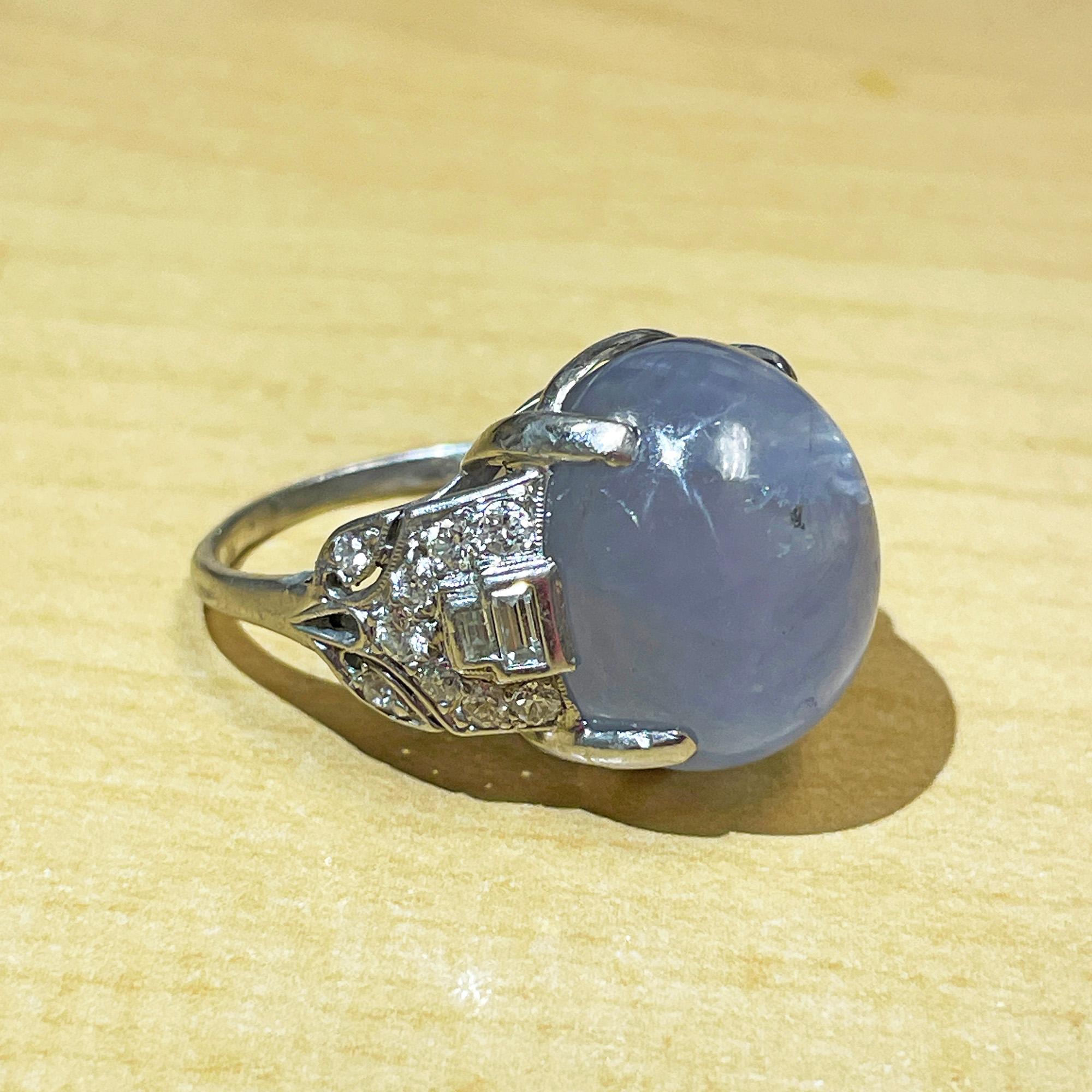 Women's Art Deco GIA 26.5ct Natural No-Heat Star Blue Sapphire Platinum Diamond Ring For Sale