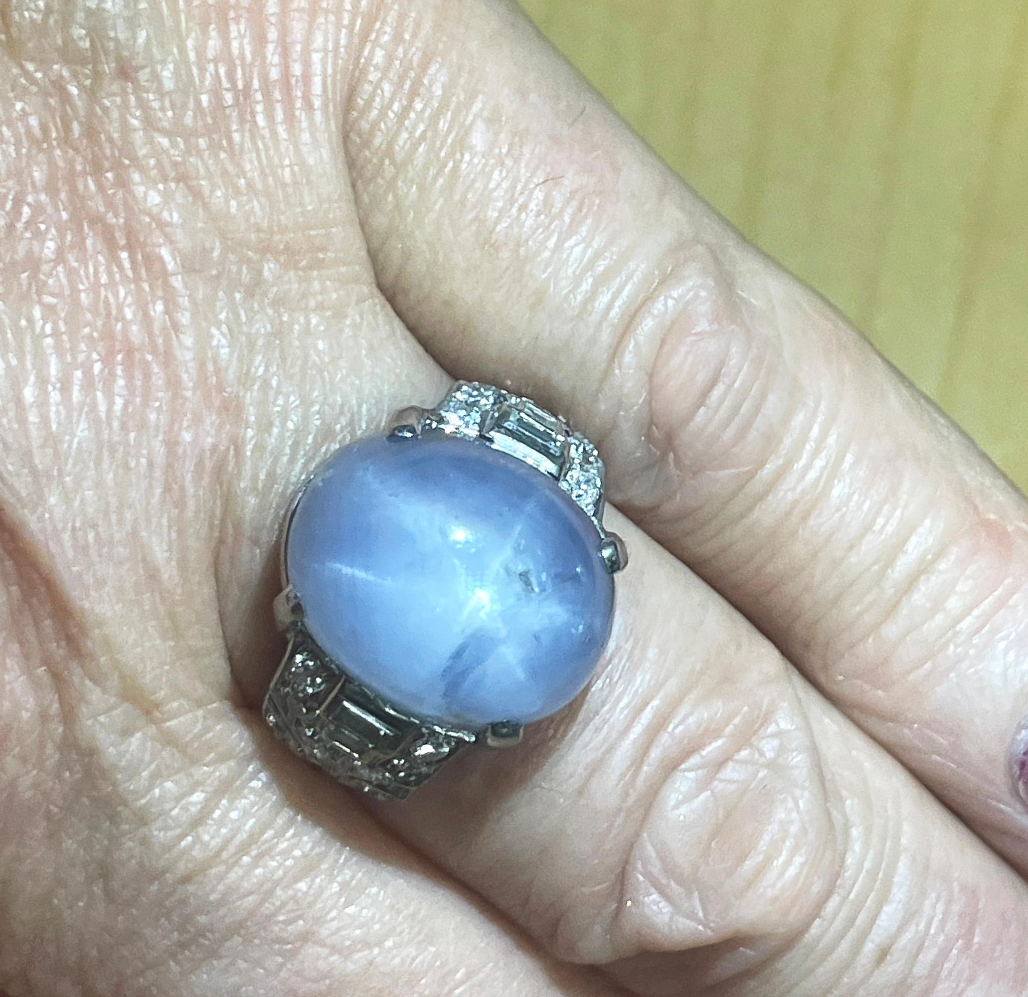 Art Deco GIA 26.5ct Natural No-Heat Star Blue Sapphire Platinum Diamond Ring For Sale 1