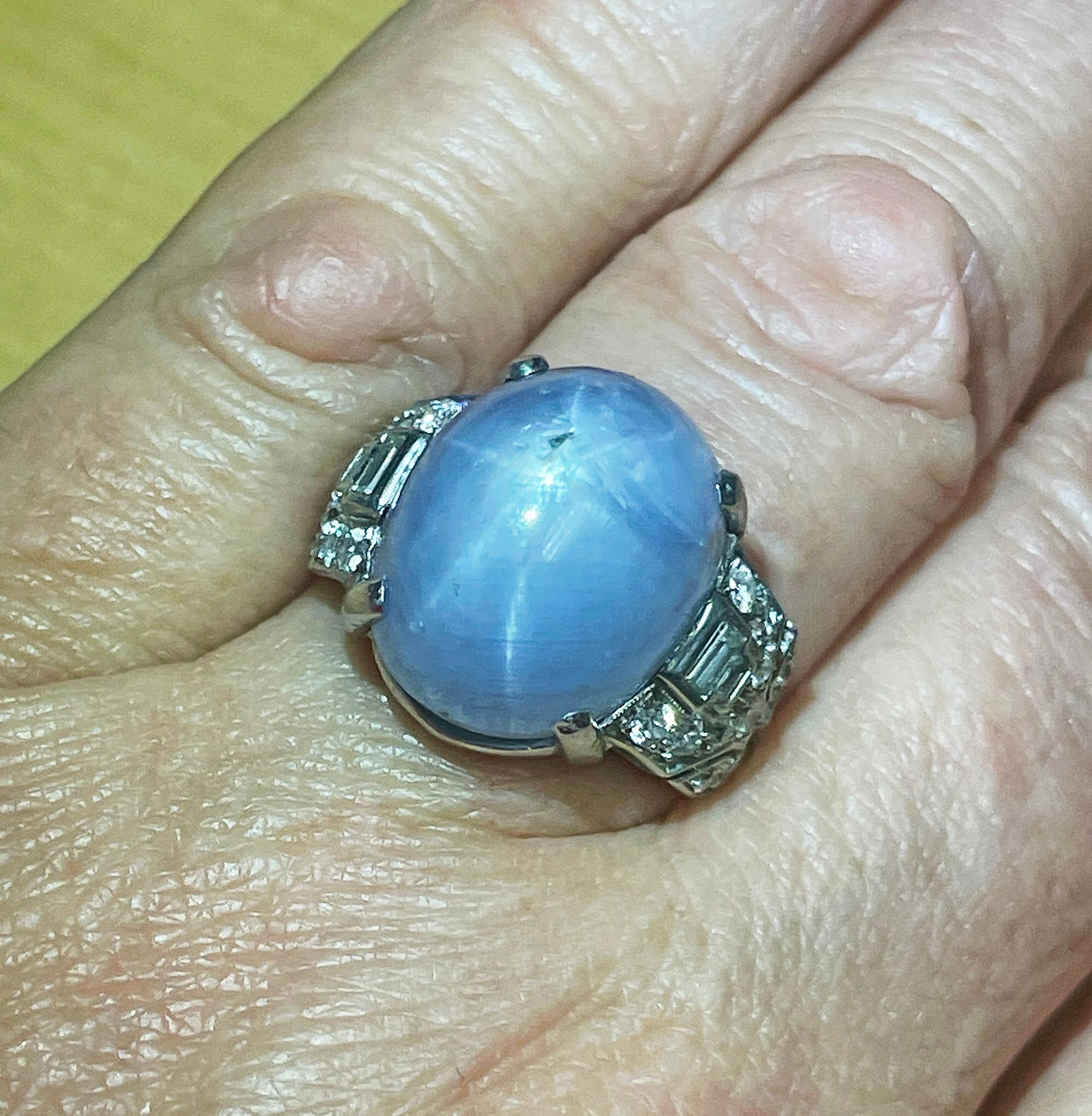 Art Deco GIA 26.5ct Natural No-Heat Star Blue Sapphire Platinum Diamond Ring For Sale 3