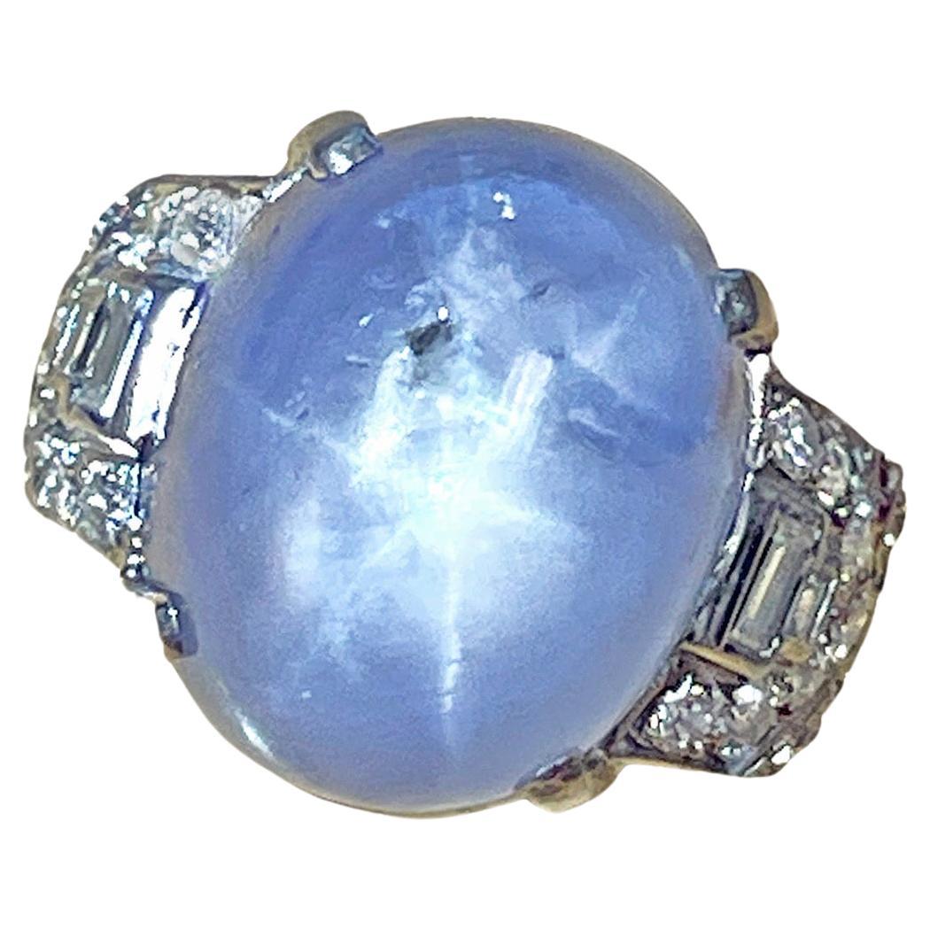 Art Deco GIA 26.5ct Natural No-Heat Star Blue Sapphire Platinum Diamond Ring For Sale