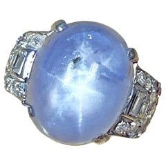 Art Deco GIA 26.5ct Natural No-Heat Star Blue Sapphire Platinum Diamond Ring