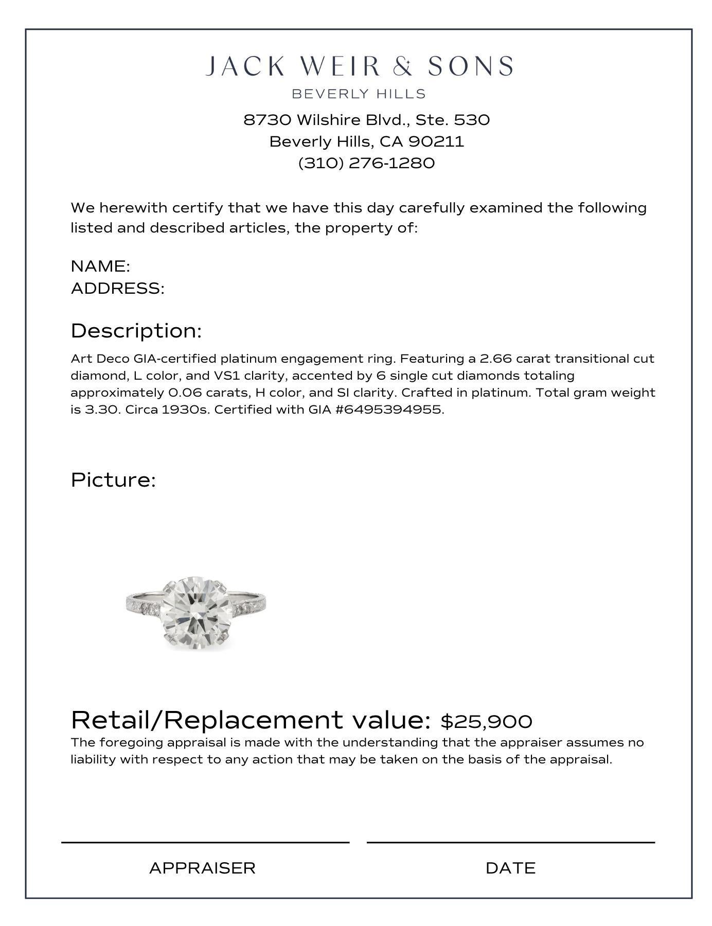 Art Deco GIA 2.66 carat transitional cut diamond platinum engagement ring 1