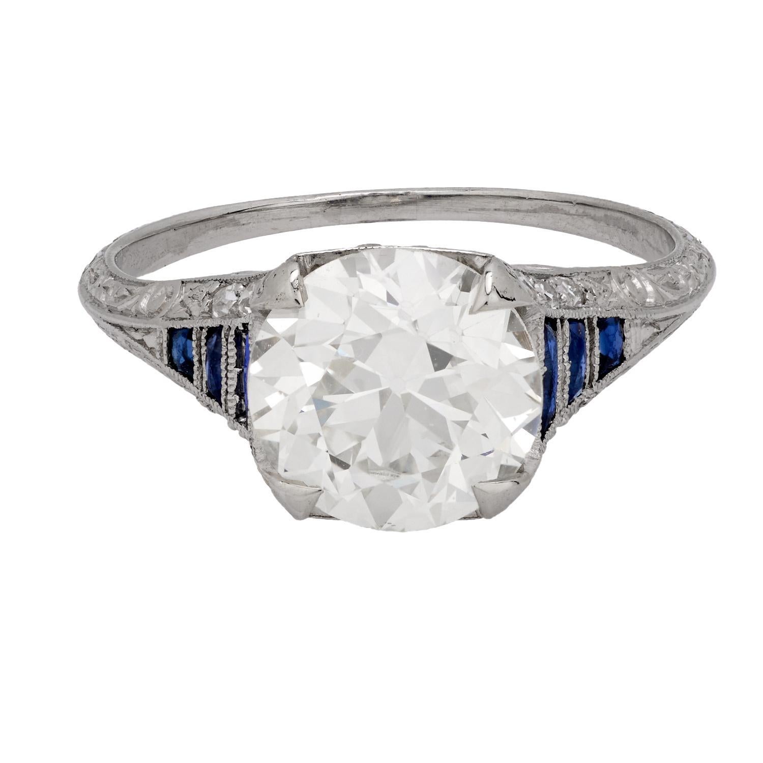 Art déco Bague de fiançailles Art Déco GIA 2,67 carats vieux diamant européen saphir platine en vente