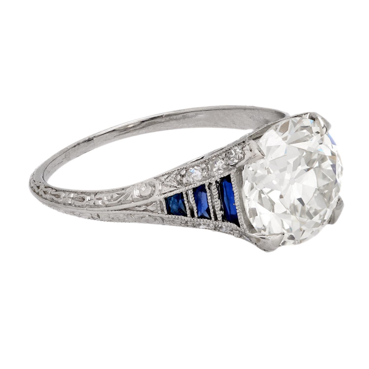 Bague de fiançailles Art Déco GIA 2,67 carats vieux diamant européen saphir platine Bon état - En vente à Beverly Hills, CA