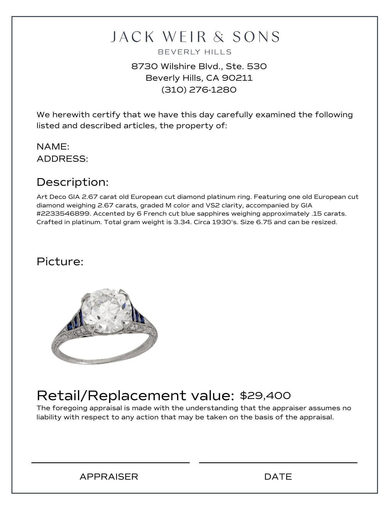 Bague de fiançailles Art Déco GIA 2,67 carats vieux diamant européen saphir platine Pour femmes en vente