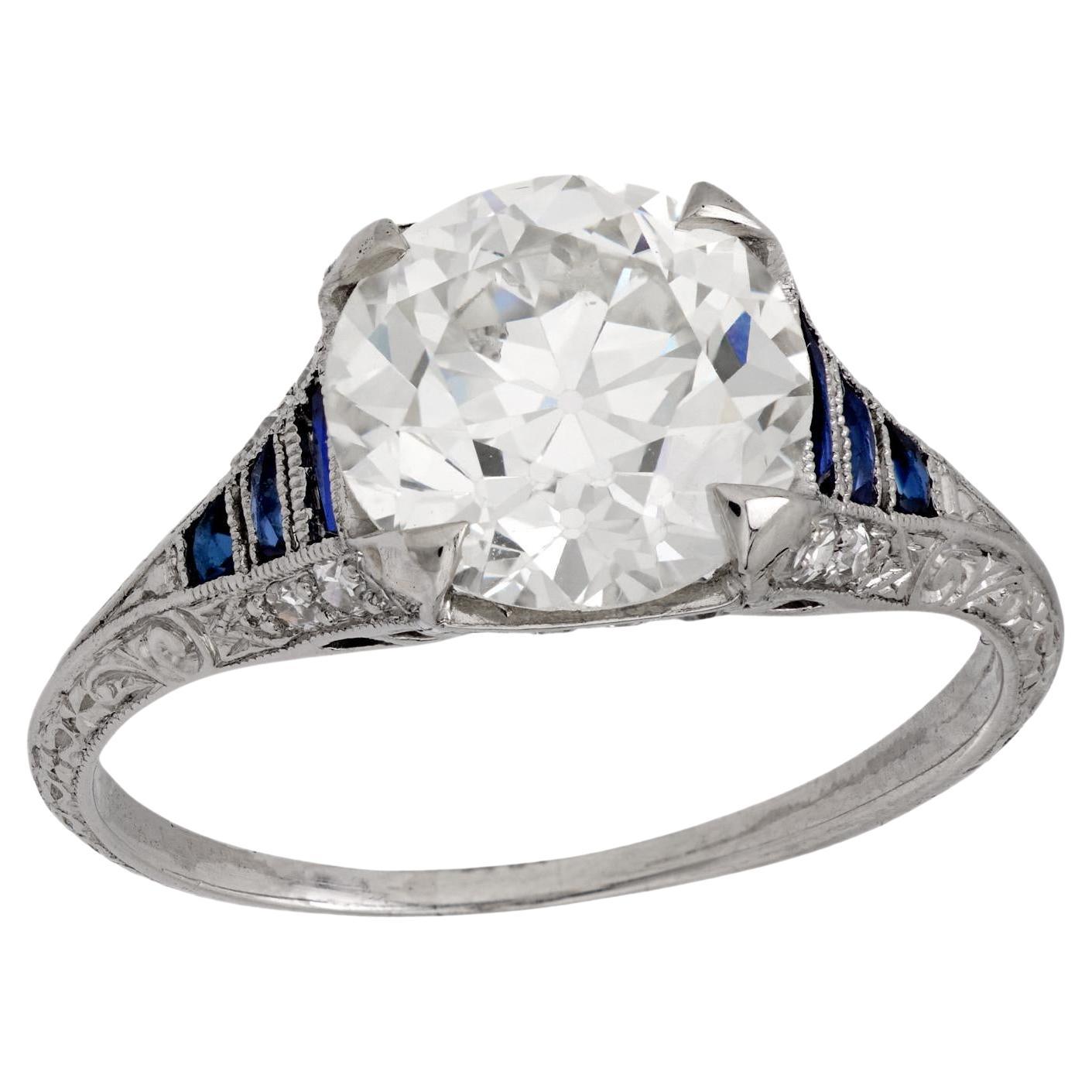Art Deco GIA 2.67 carat old European diamond sapphire platinum engagement ring