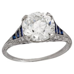 Bague de fiançailles Art Déco GIA 2,67 carats vieux diamant européen saphir platine