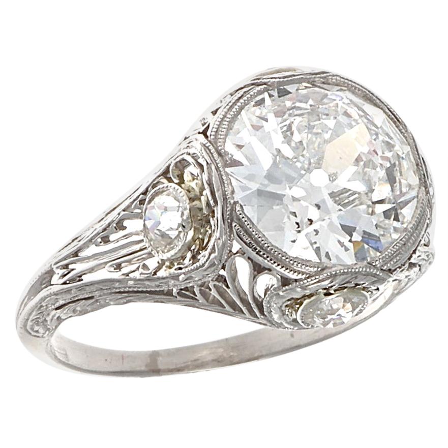 Art Deco GIA 2.68 Carat Old European Cut Diamond Platinum Engagement Ring