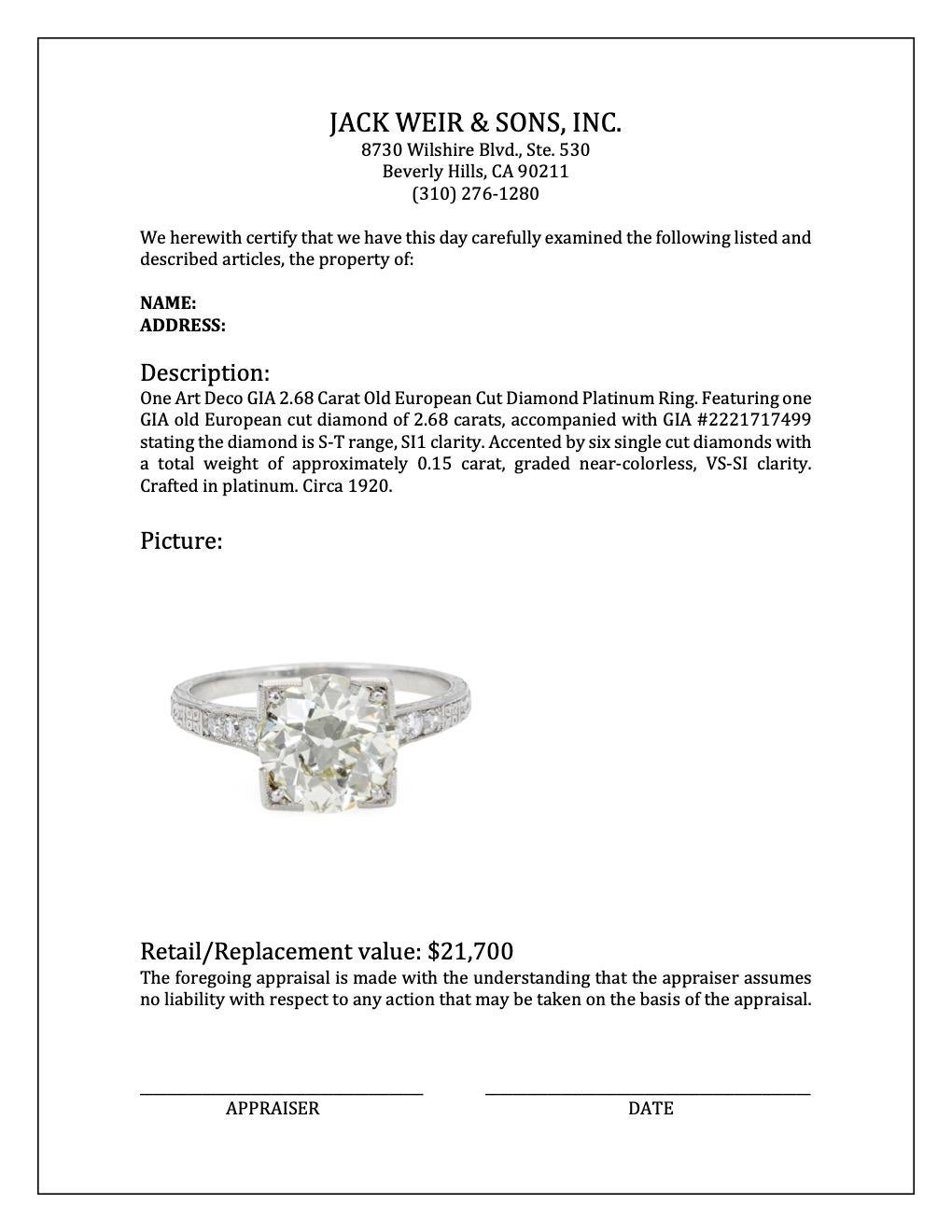 Art Deco GIA 2.68 Carat Old European Cut Diamond Platinum Ring For Sale 4