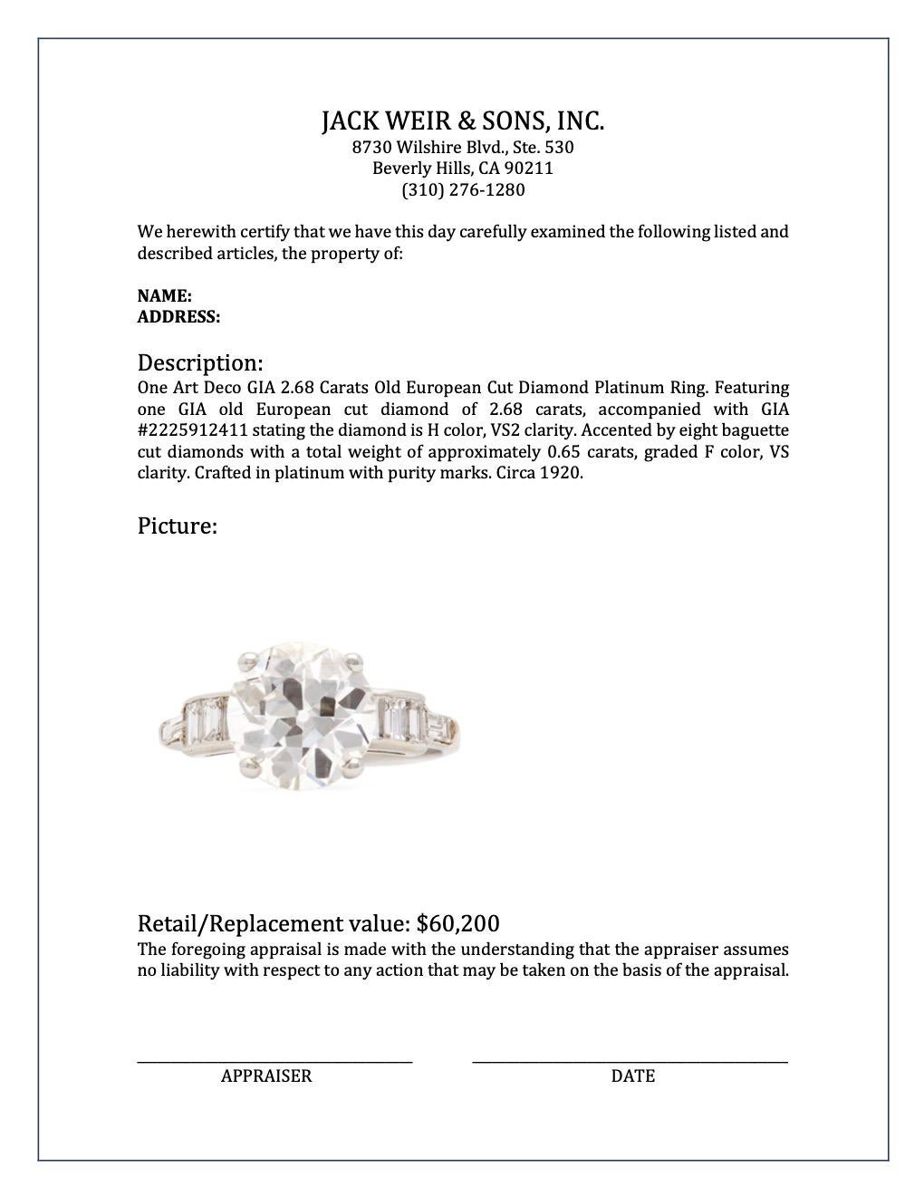 Art Deco GIA 2.68 Carats Old European Cut Diamond Platinum Ring 4