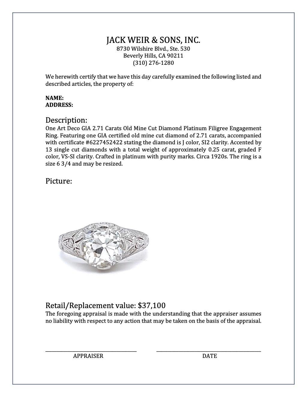 Art Deco GIA 2.71 Carats Old Mine Cut Diamond Platinum Filigree Engagement Ring 4