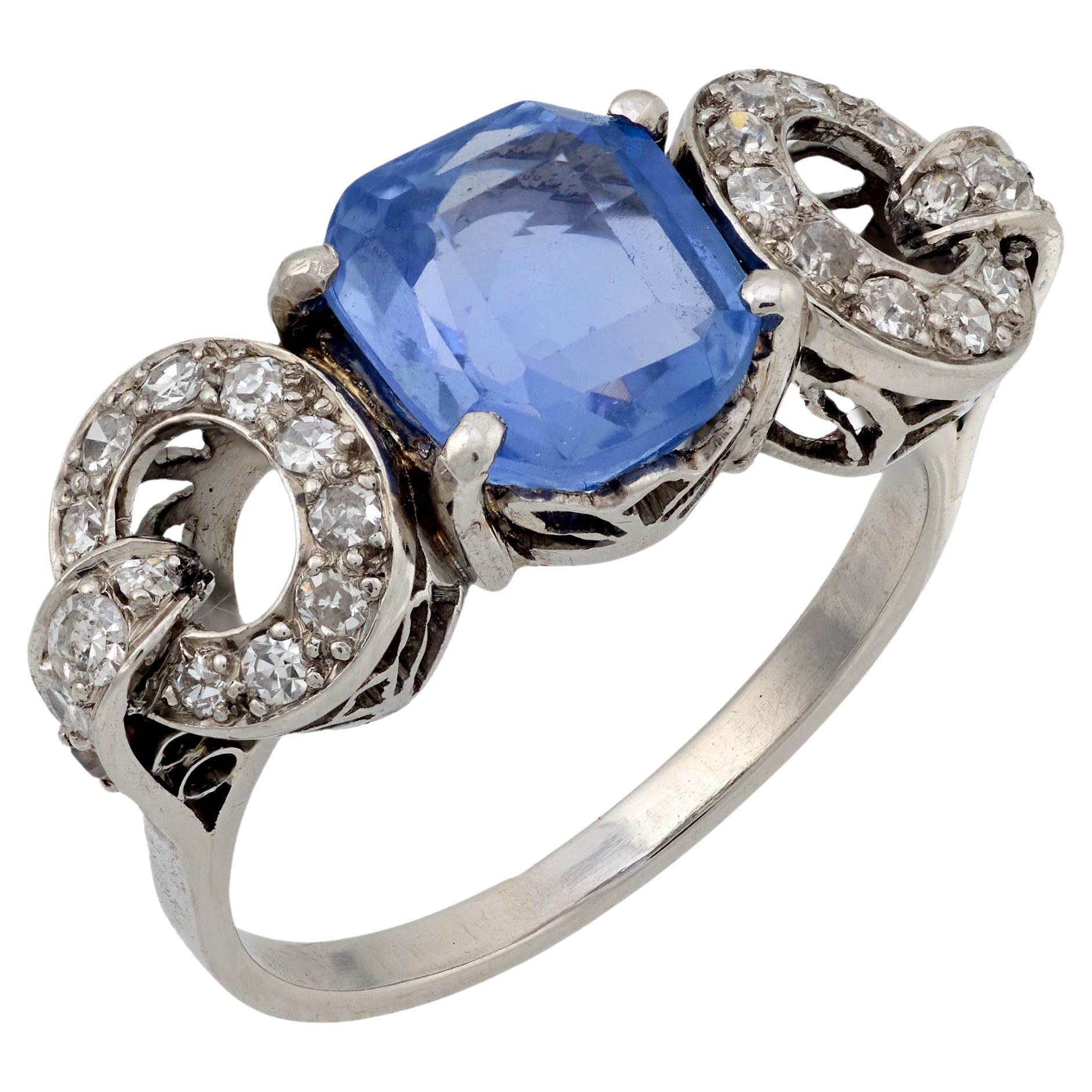 Art Deco GIA 2,76 Karat Ceylon keine Hitze Saphir Diamant Platin Ring