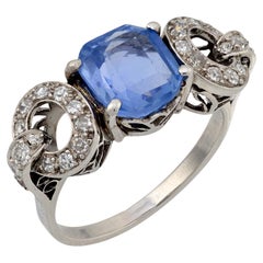 Art Deco GIA 2,76 Karat Ceylon keine Hitze Saphir Diamant Platin Ring