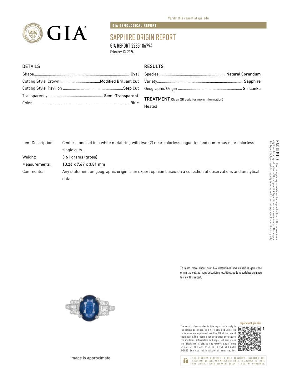 Art Deco GIA 2.79 Carat Ceylon Sapphire Diamond Platinum Ring 2