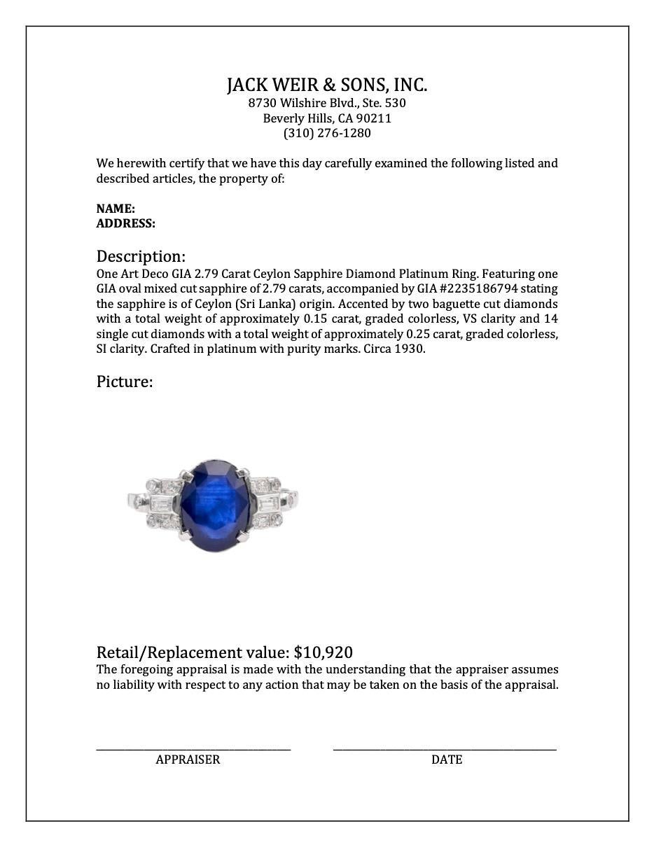 Art Deco GIA 2.79 Carat Ceylon Sapphire Diamond Platinum Ring For Sale 3