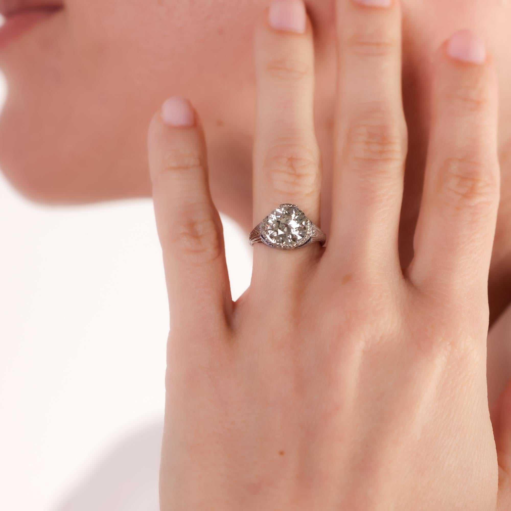 Taille vieille Europe Bague de fiançailles Art déco en platine avec diamants et saphirs de 2,89 carats certifiés GIA en vente