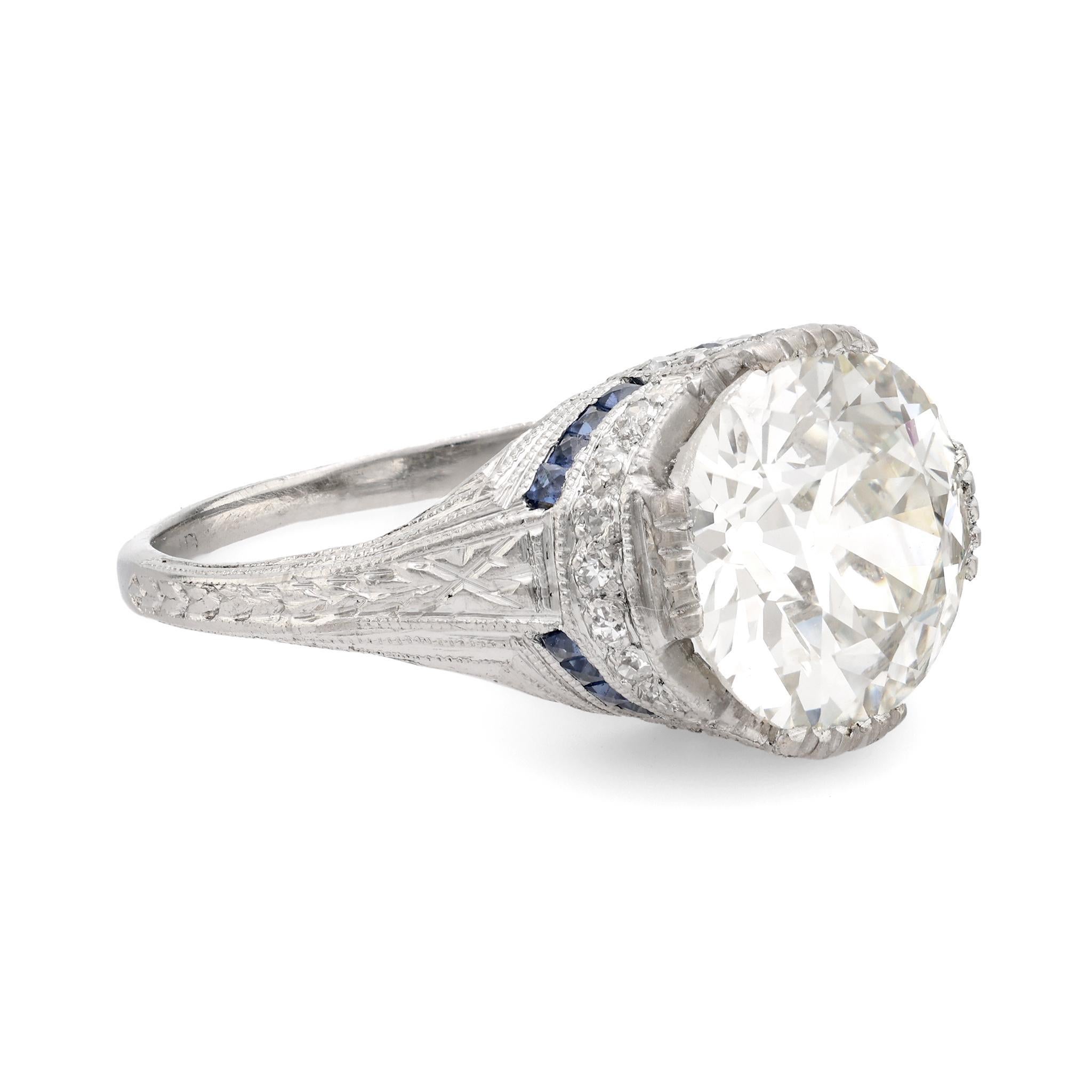 Art Deco GIA 2.89 carat diamond sapphire platinum engagement ring In Excellent Condition In Beverly Hills, CA