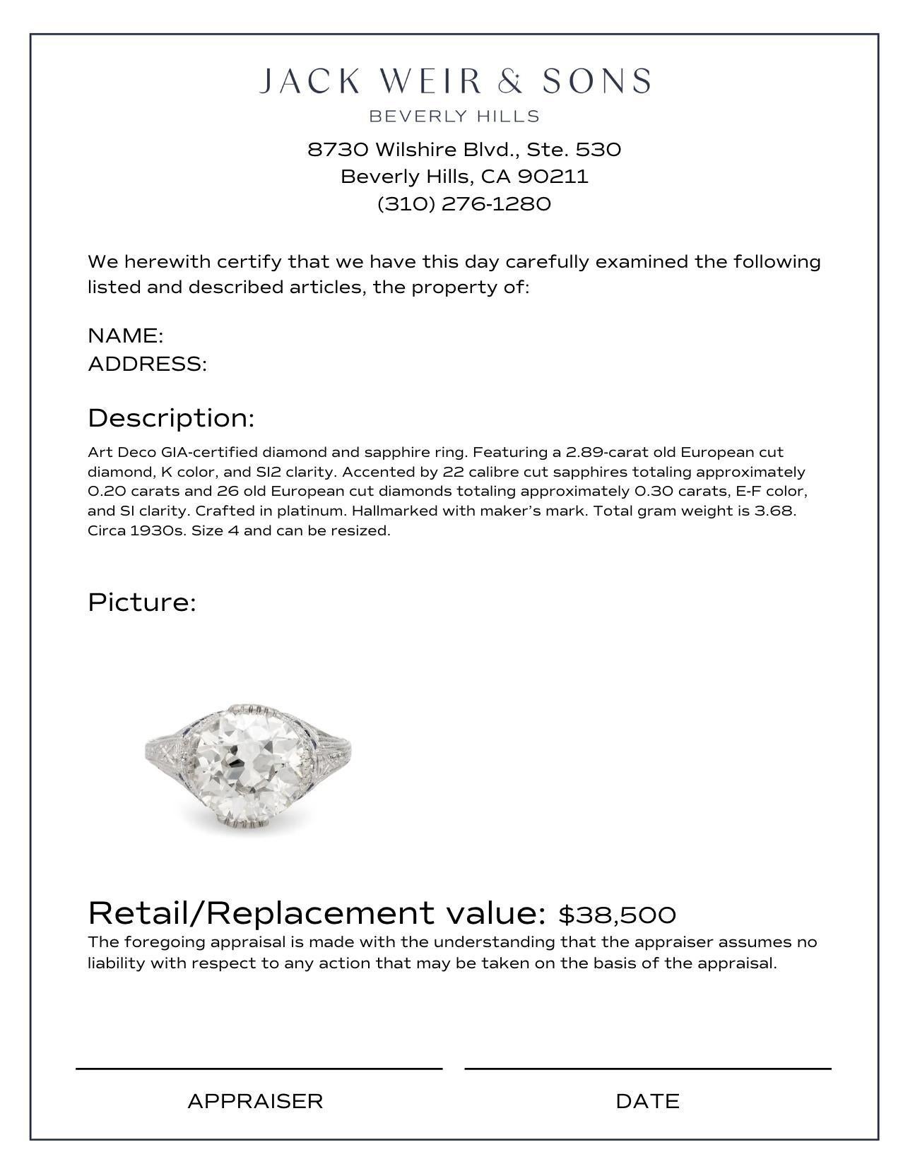 Women's or Men's Art Deco GIA 2.89 carat diamond sapphire platinum engagement ring