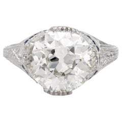 Art Deco GIA 2.89 carat diamond sapphire platinum engagement ring