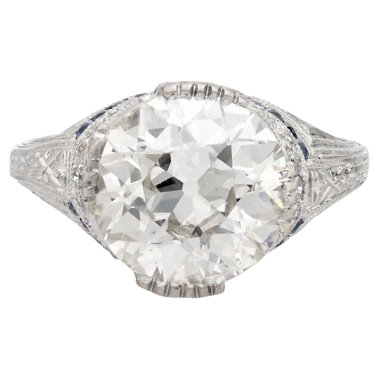 Art Deco GIA 2,89 Karat Diamant Saphir Platin Verlobungsring
