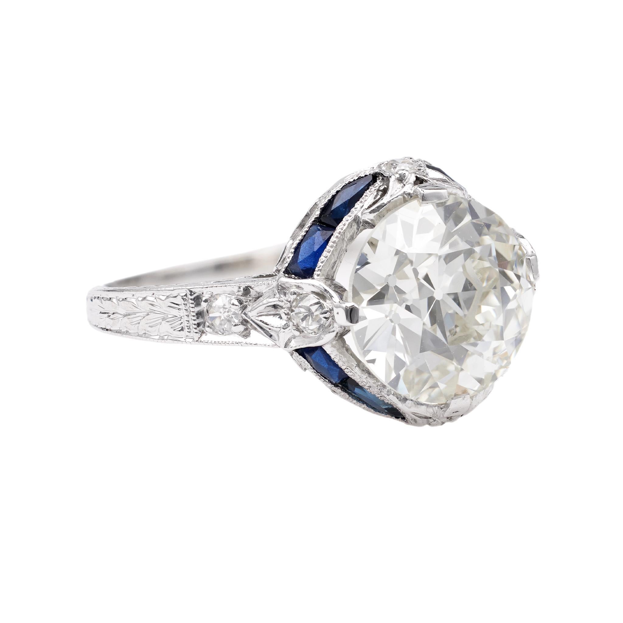 Art Deco GIA 2.94 Carat Old European Cut Diamond Sapphire Platinum Ring 1