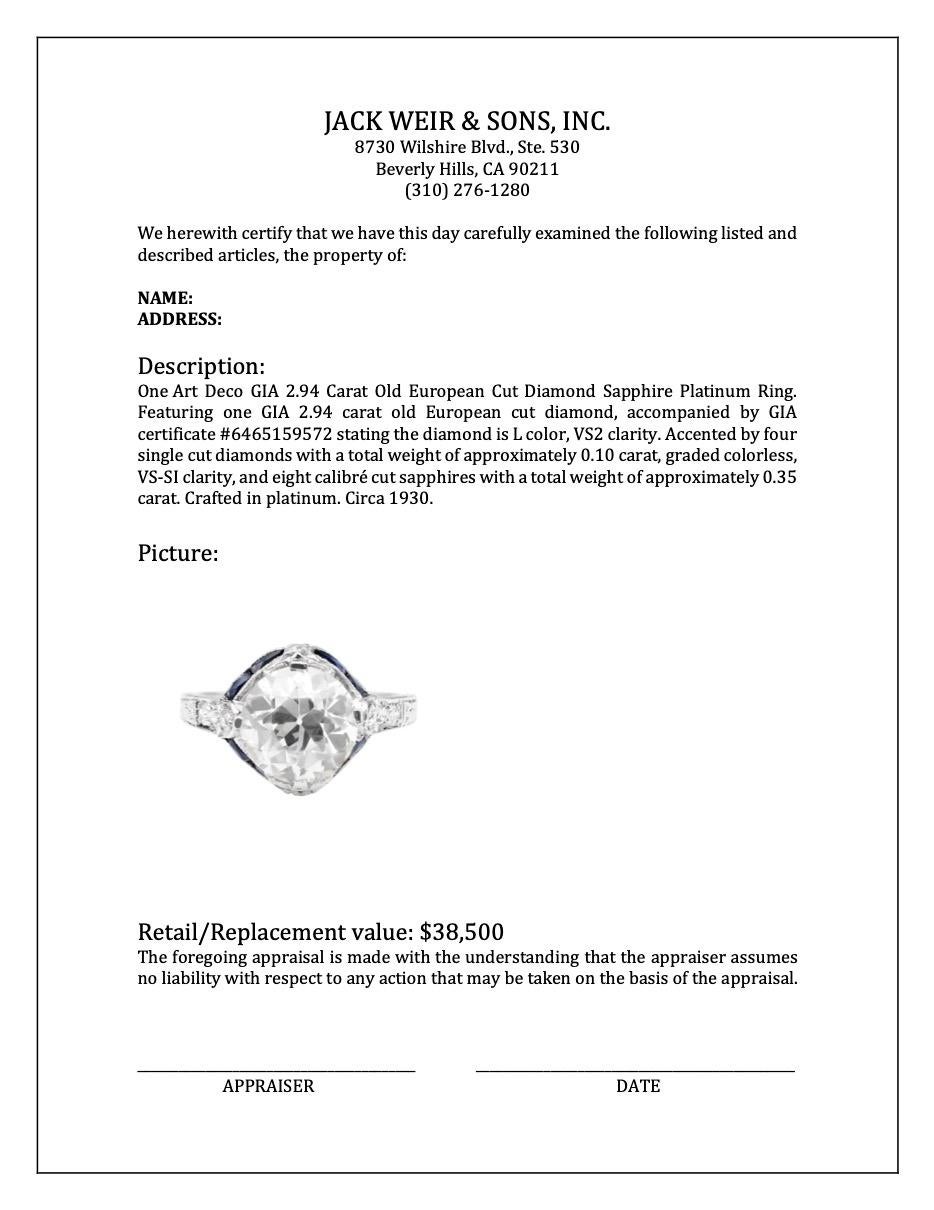 Art Deco GIA 2.94 Carat Old European Cut Diamond Sapphire Platinum Ring 4